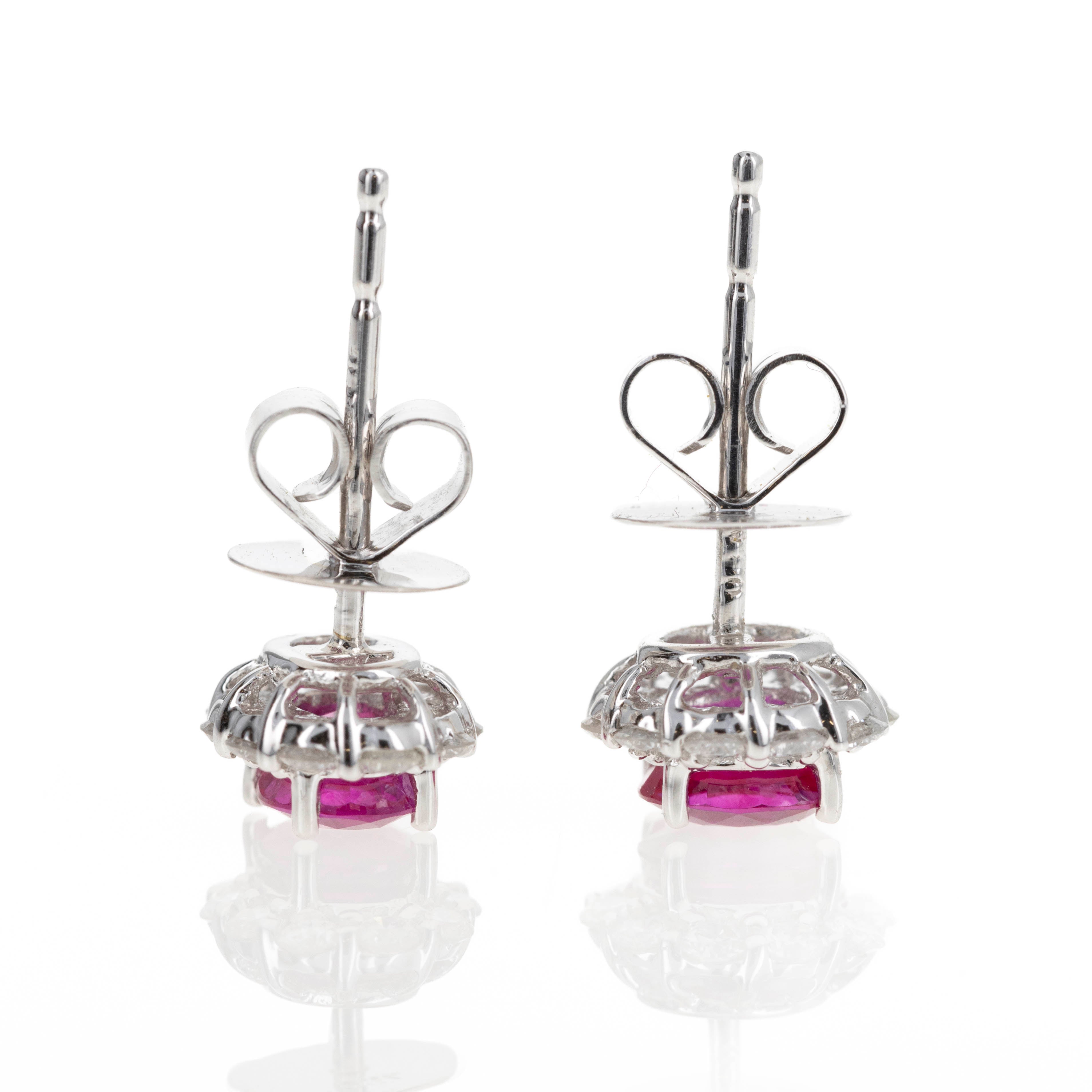 18K White Gold 1.16 Carat Ruby Diamond Halo Stud Earrings - Queen May