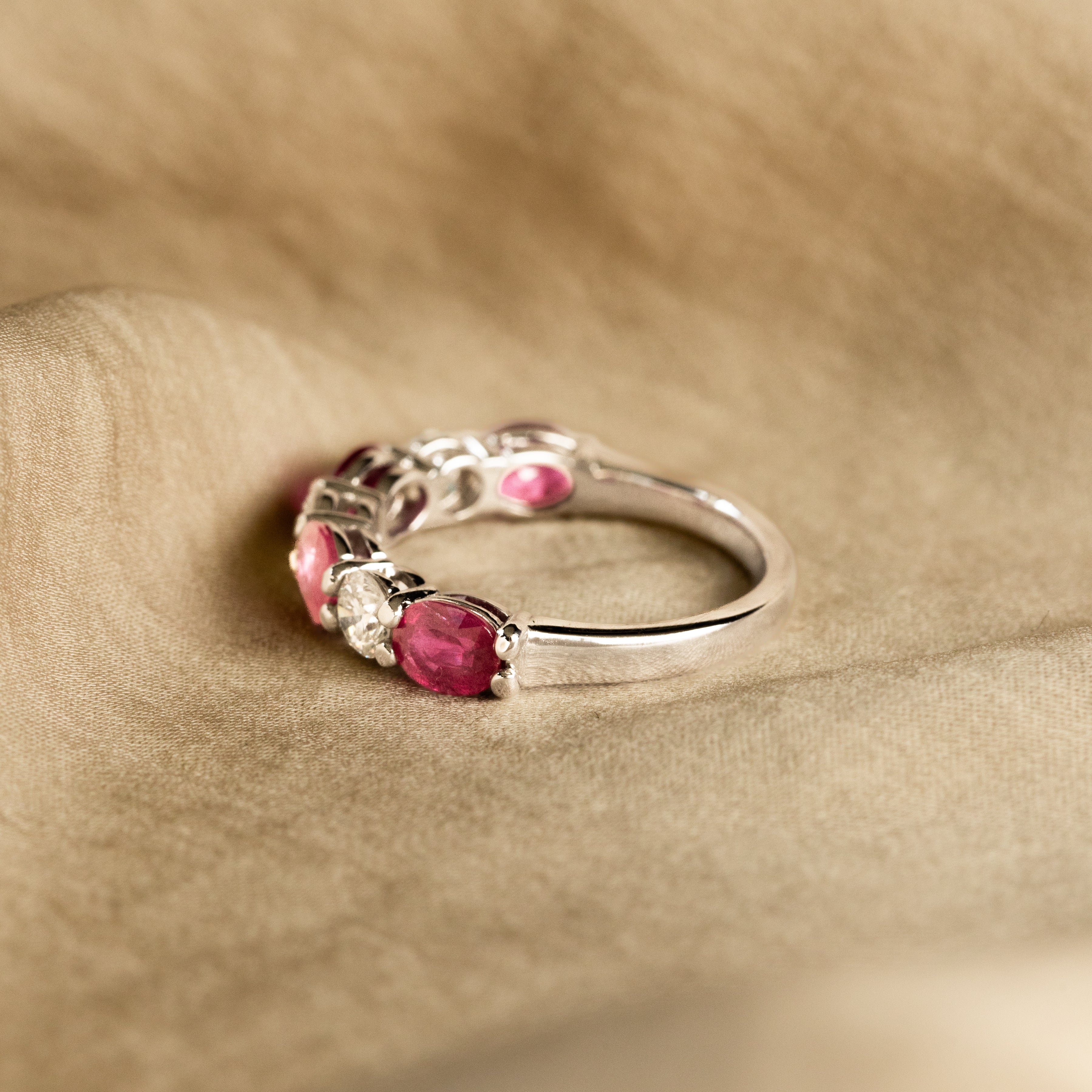 18K White Gold Oval Natural Ruby Round Diamond Band - Queen May