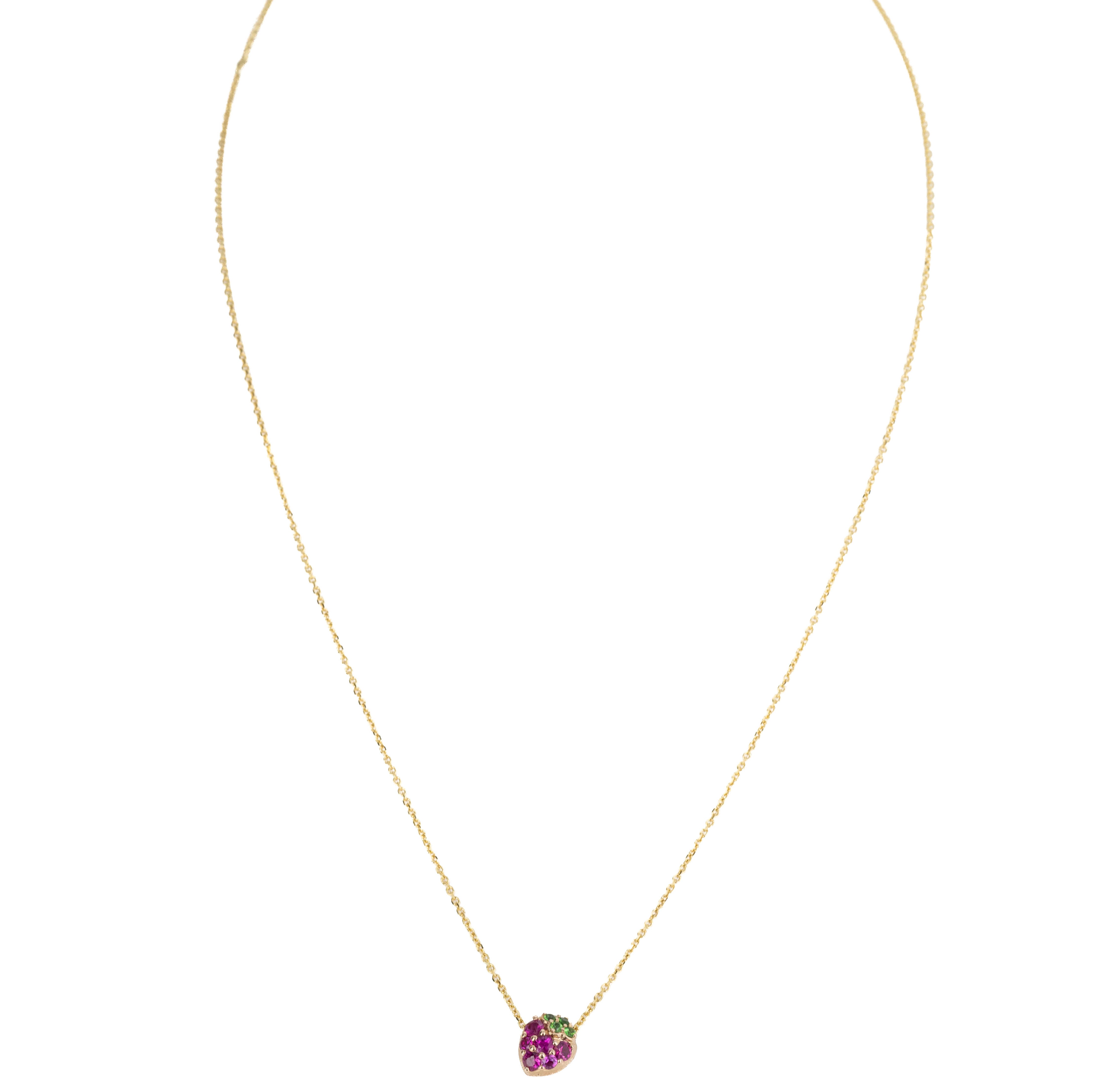 18K Yellow Gold Pink Sapphire, Ruby, and Tsavorite Garnet Strawberry Pendant Necklace - Queen May