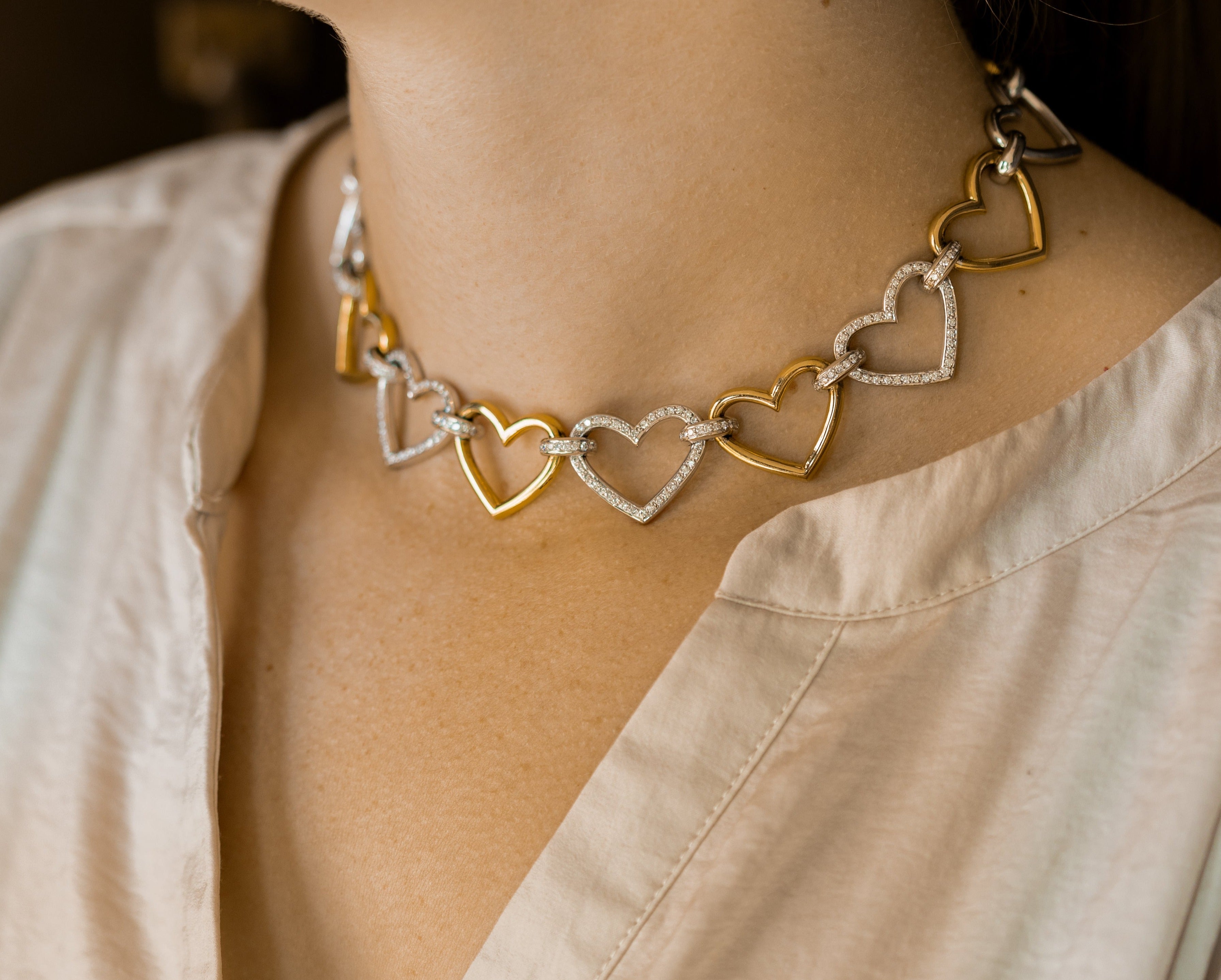 18K Gold Two Tone Diamond Heart Link Choker Necklace - Queen May