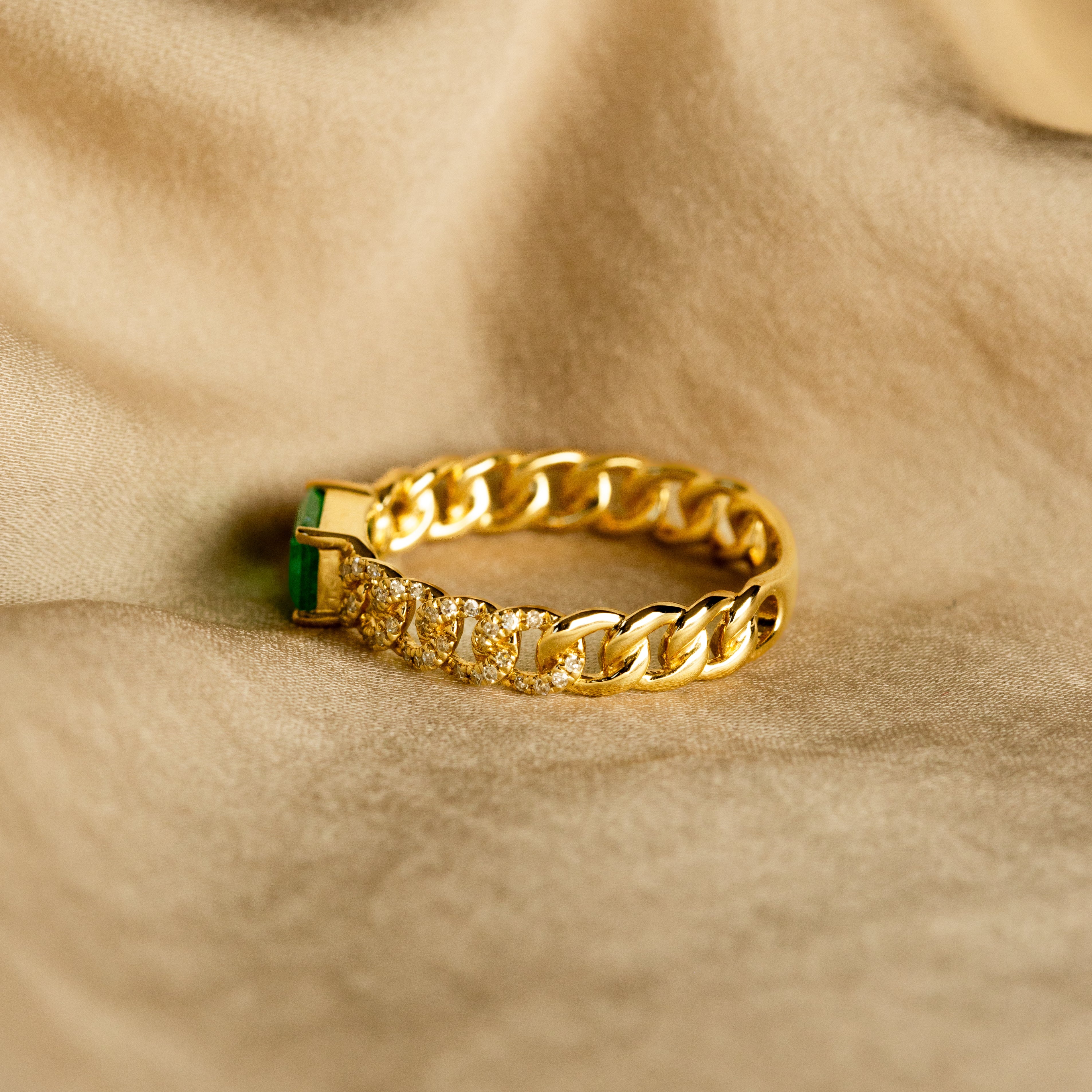 14K Gold Emerald Diamond Curb Link Ring - Queen May