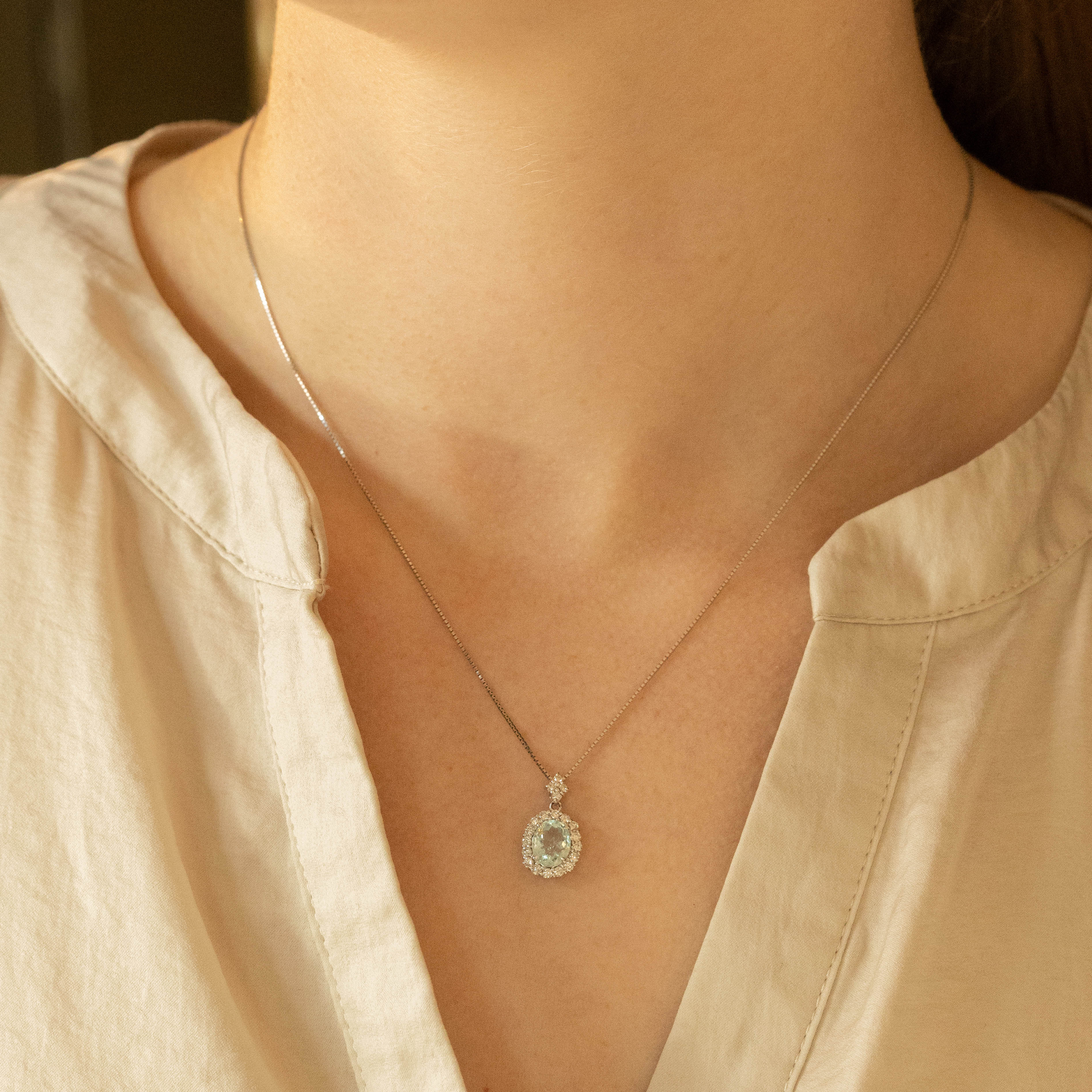 1.25 Carat Oval Paraiba Tourmaline Diamond Halo Pendant Necklace - Queen May