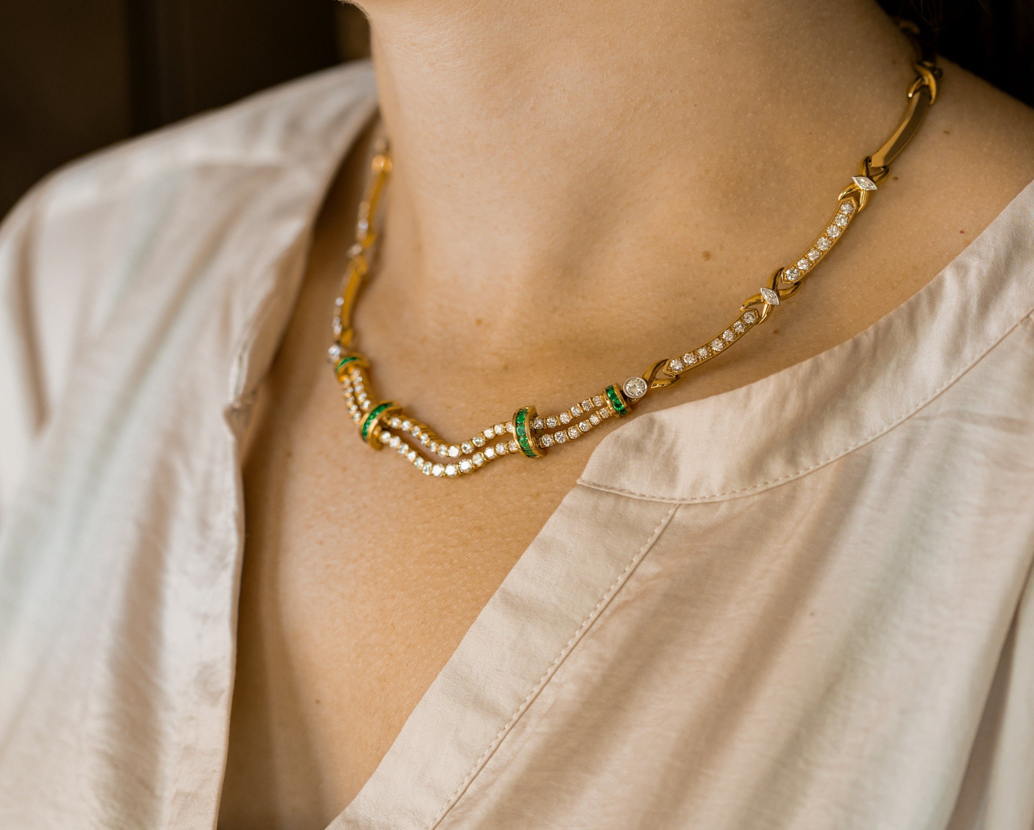 18K Yellow Gold Diamond Emerald Necklace - Queen May