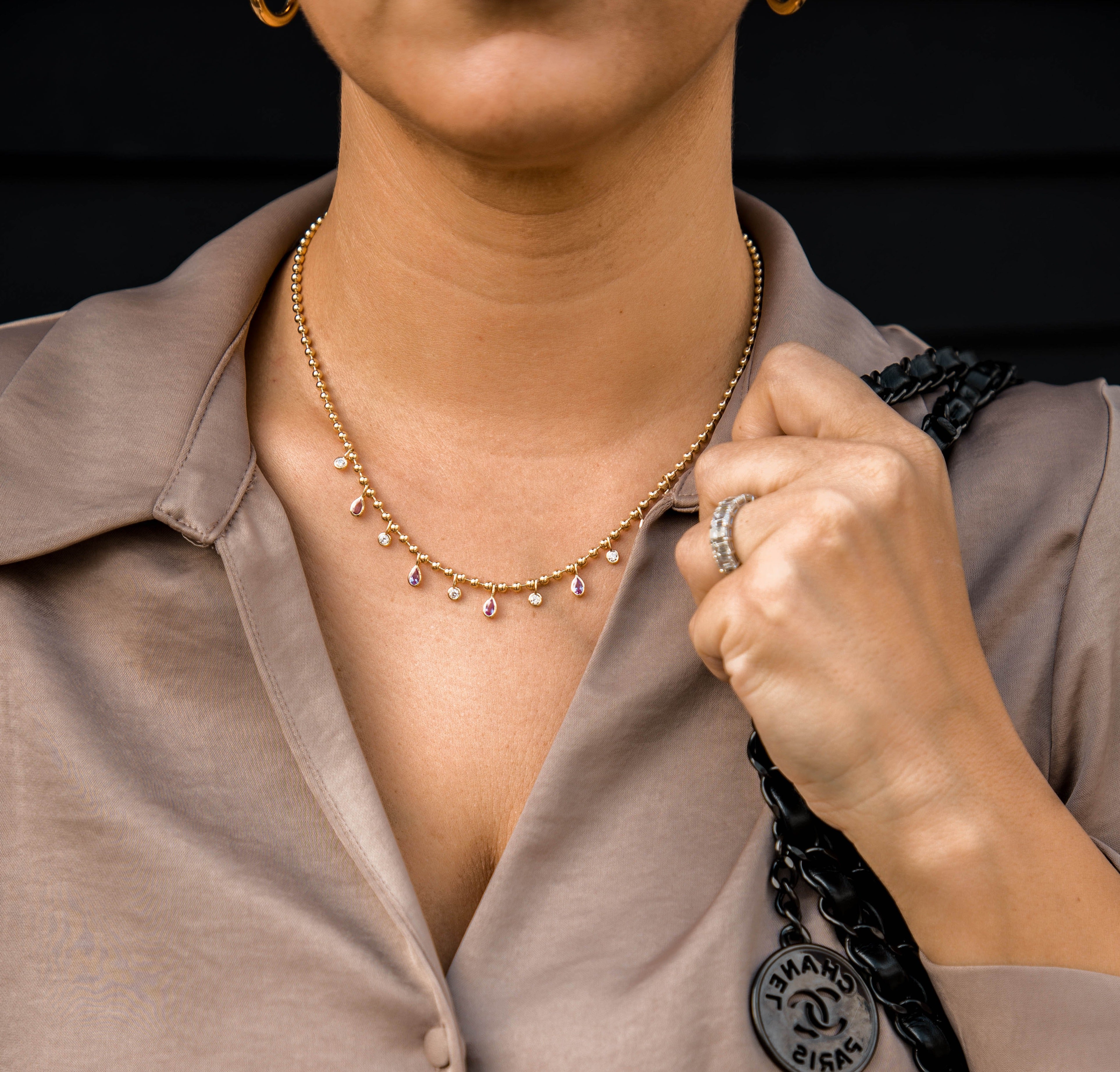 14K Gold Pear Pink Sapphire Diamond Bezel Bead Necklace - Queen May