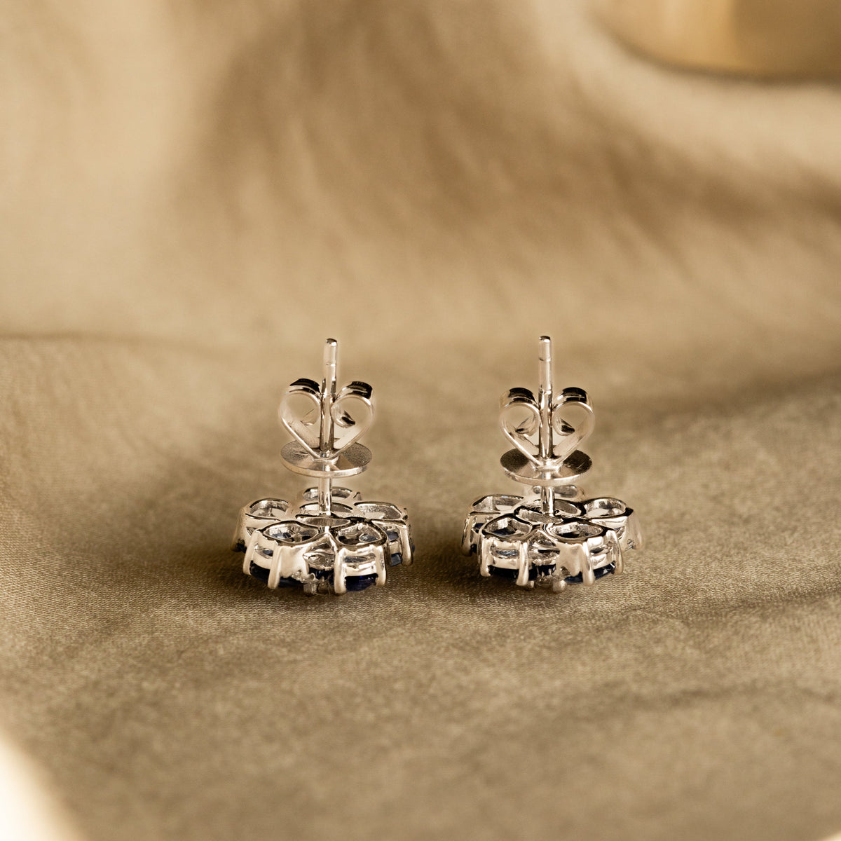 14K White Gold Natural Sapphire Diamond Flower Earrings - Queen May