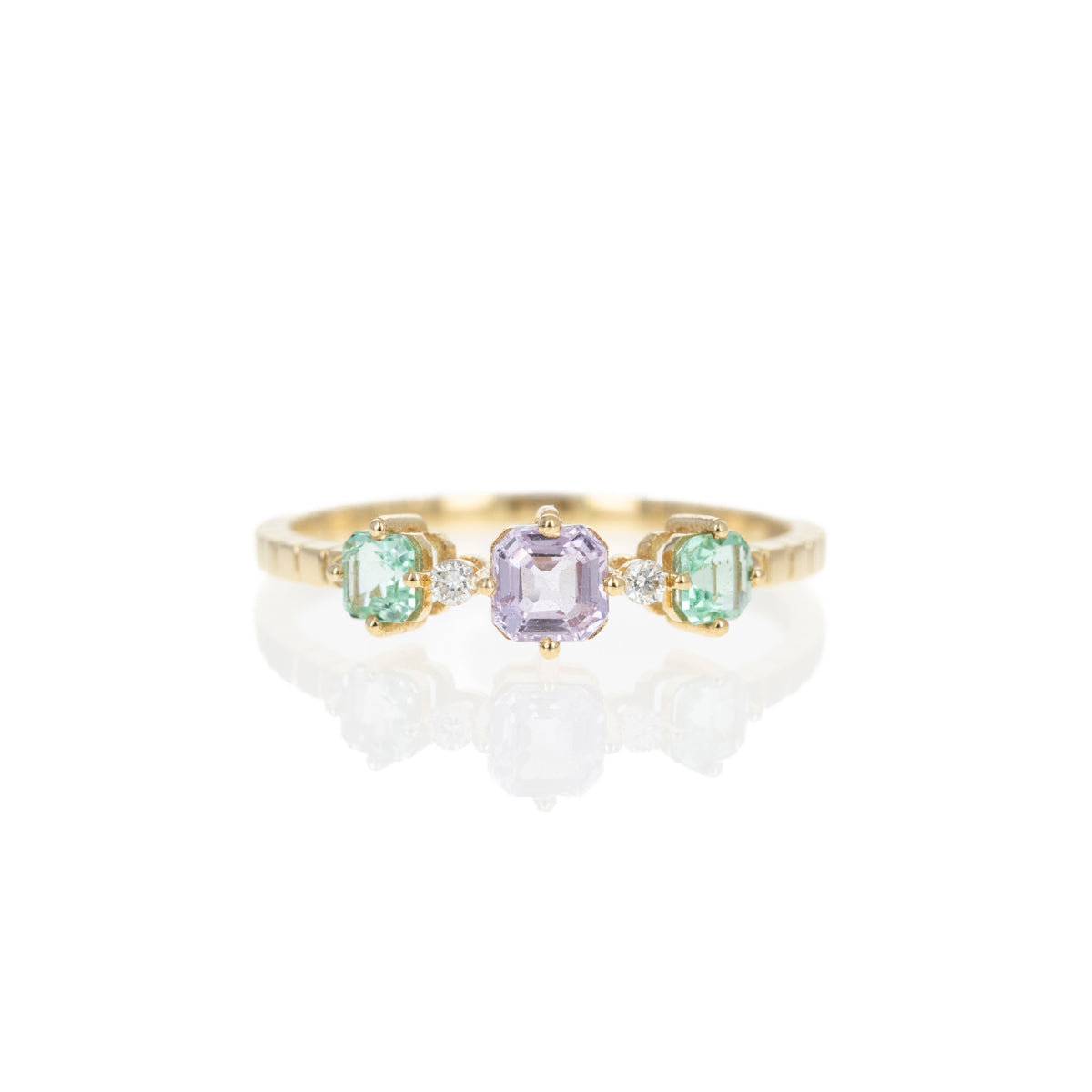 18K Yellow Gold Lavender Sapphire Emerald Three Stone Ring - Queen May