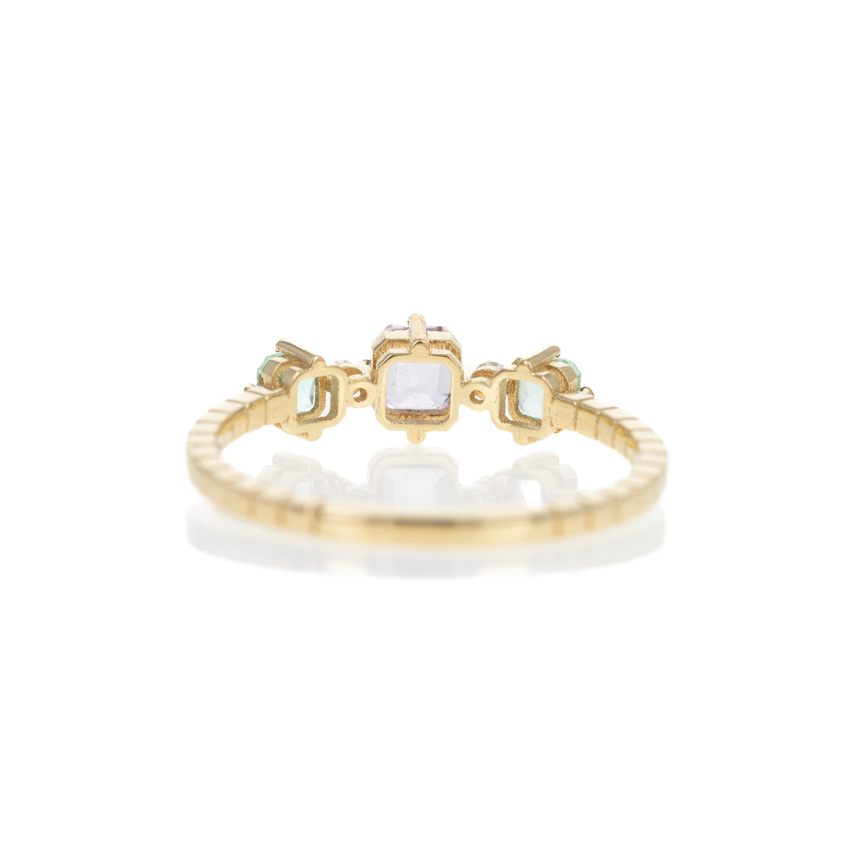 18K Yellow Gold Lavender Sapphire Emerald Three Stone Ring - Queen May