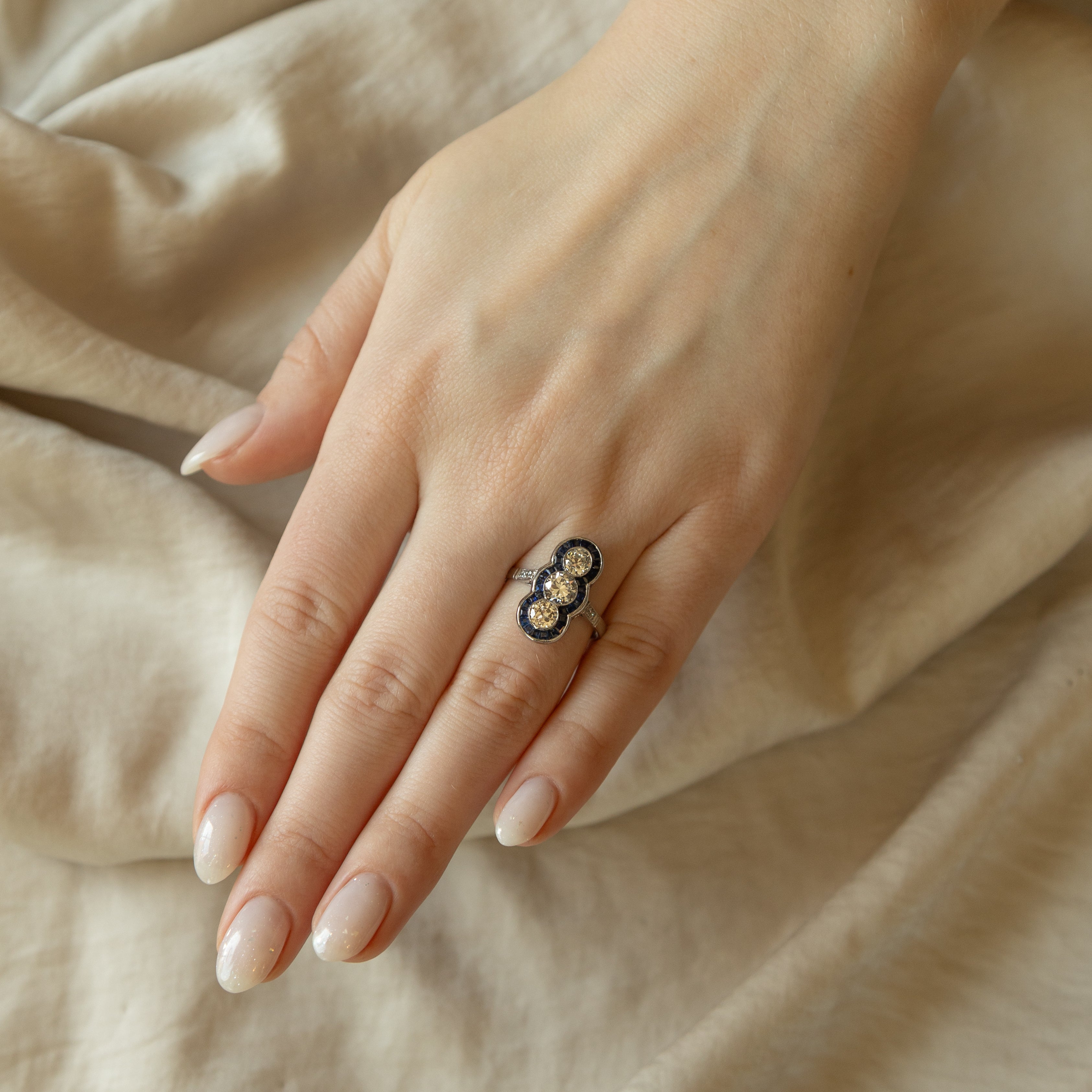 Art Deco Inspired Old European Diamond Natural Sapphire Three Stone Ring - Queen May