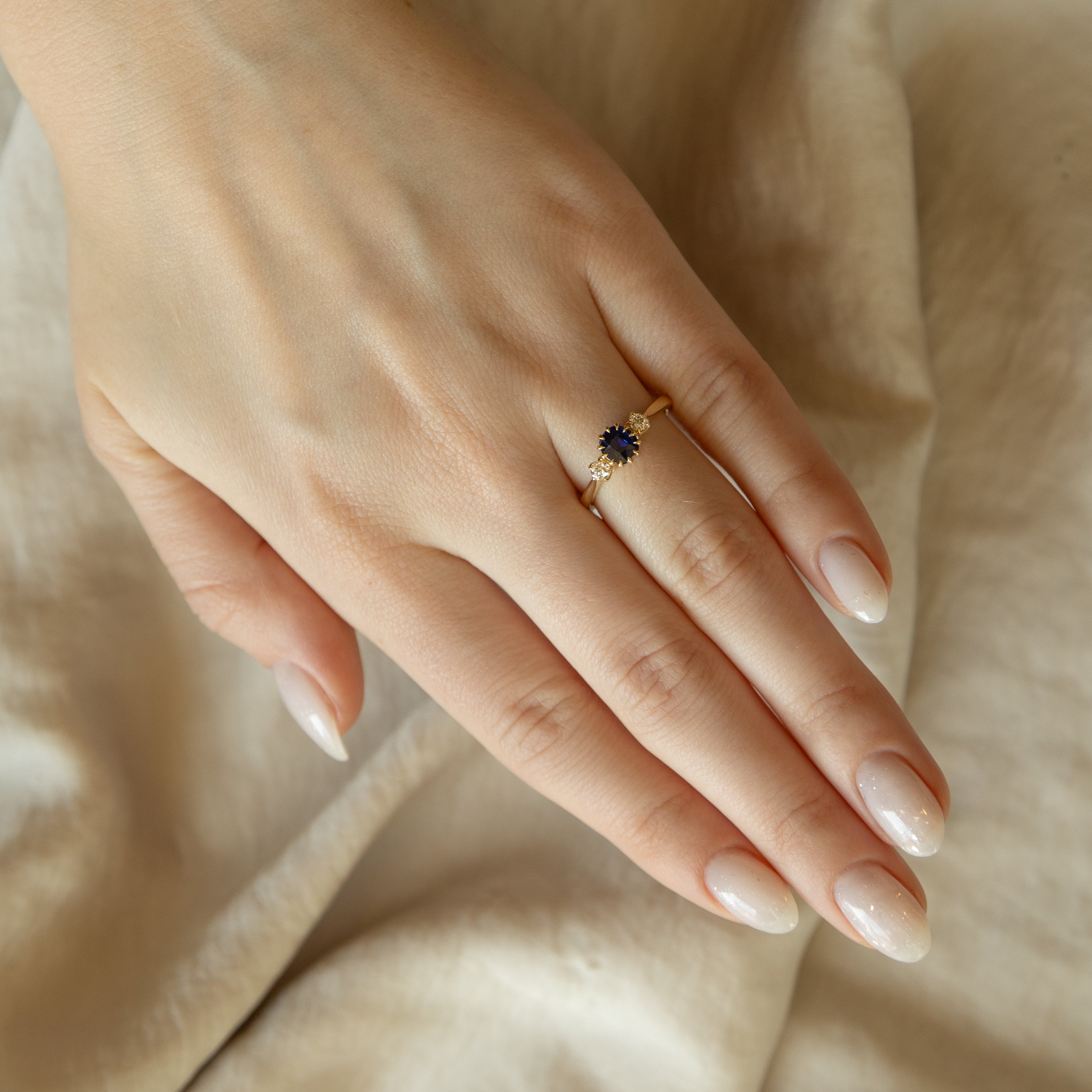 Victorian Inspired 0.62 Carat Natural Sapphire Diamond Three Stone Ring - Queen May