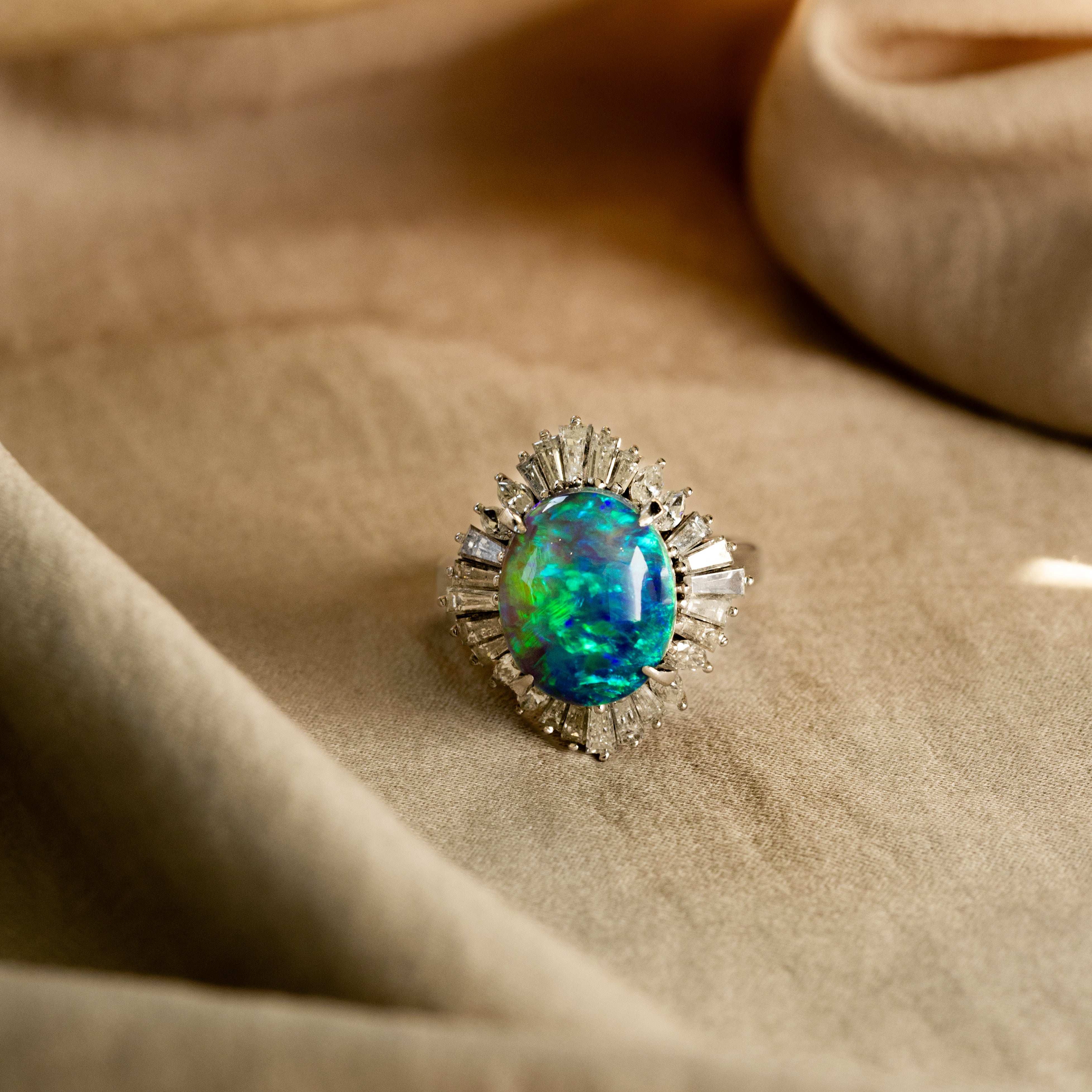 Retro Platinum 4.51 Carat Opal Diamond Fan Halo Ring - Queen May