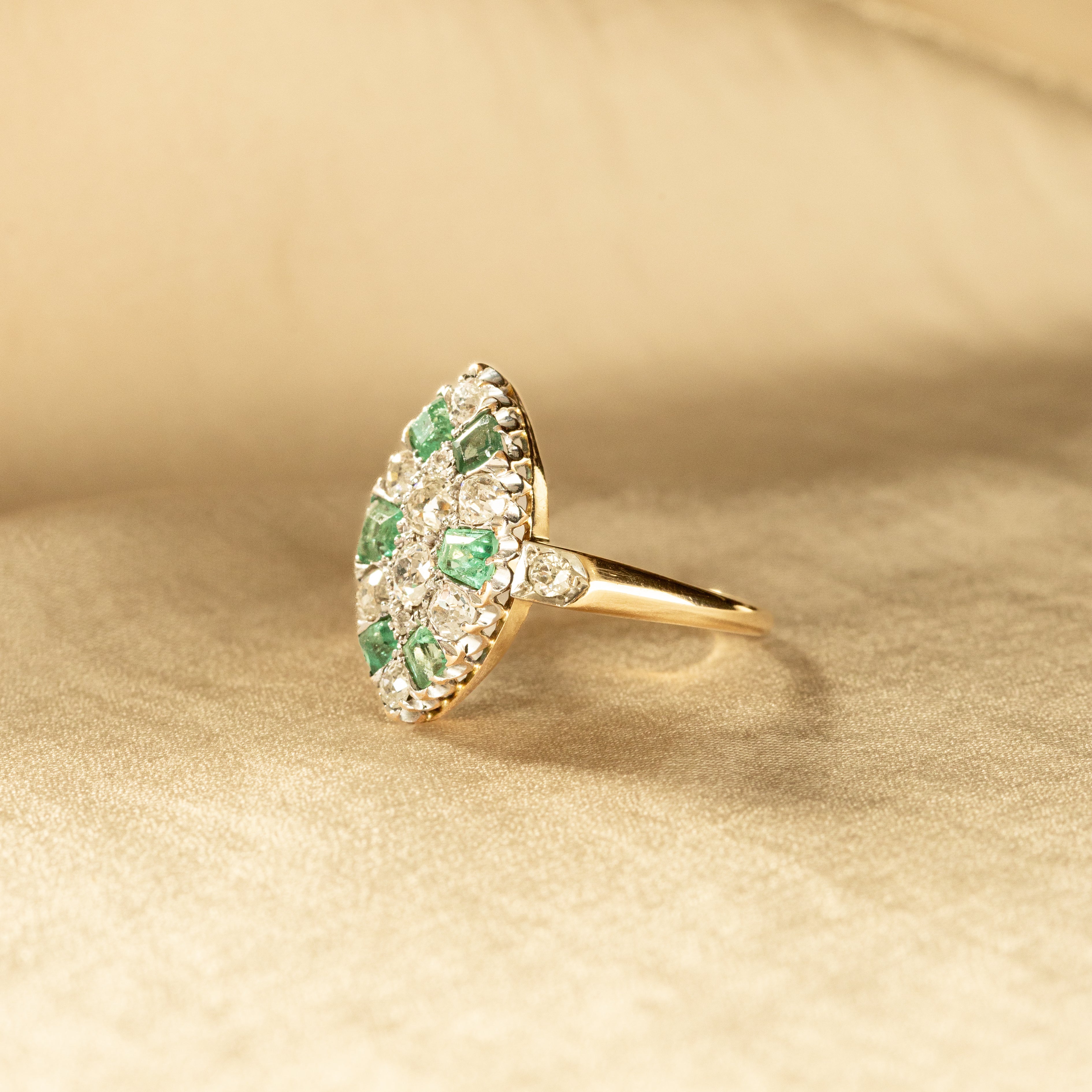 Victorian Old Mine Diamond Emerald Navette Ring - Queen May