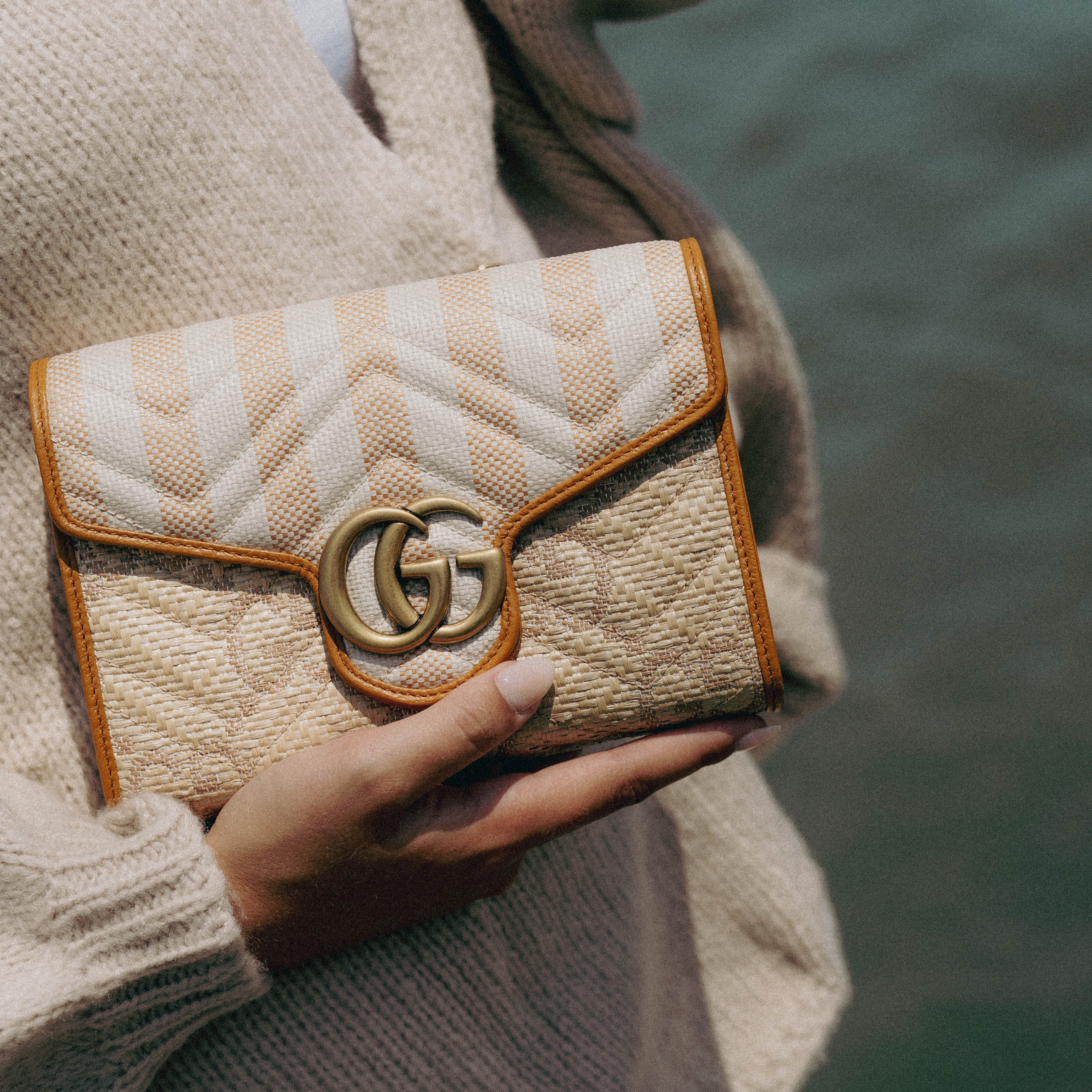 Gucci Marmont Raffia With Stripes Wallet On Chain - Queen May