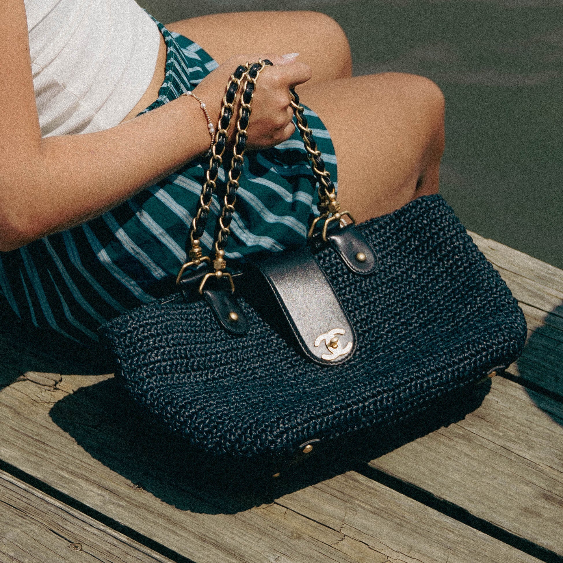 Chanel Woven Raffia Tote Bag Navy - Queen May