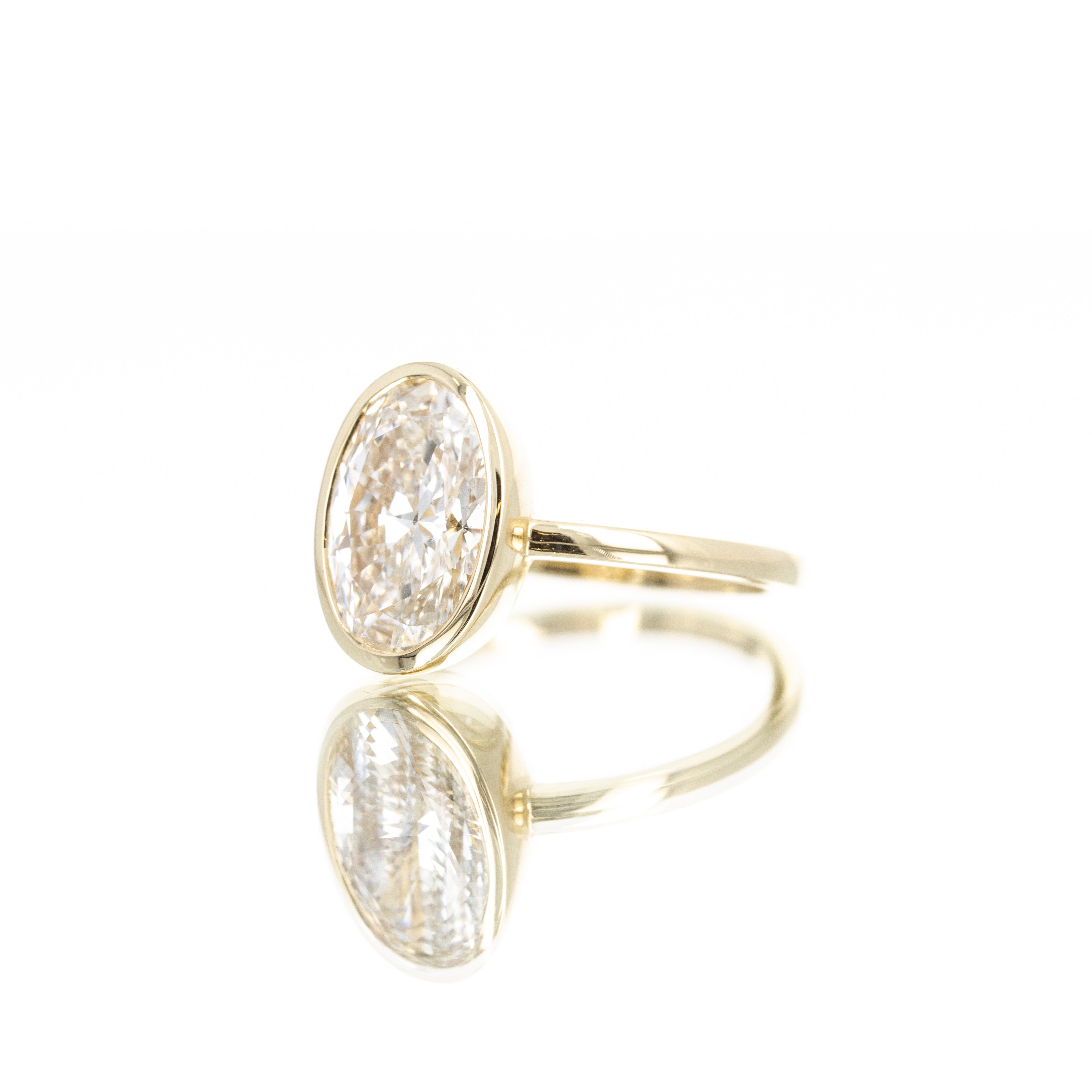Lab Grown 3 Carat Oval Diamond Solitaire Bezel Engagement Ring - Queen May