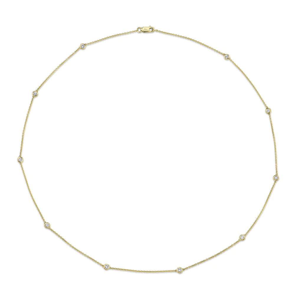 14K Gold .54 Carat Total Weight Round Diamond Bezel Station Necklace - Queen May
