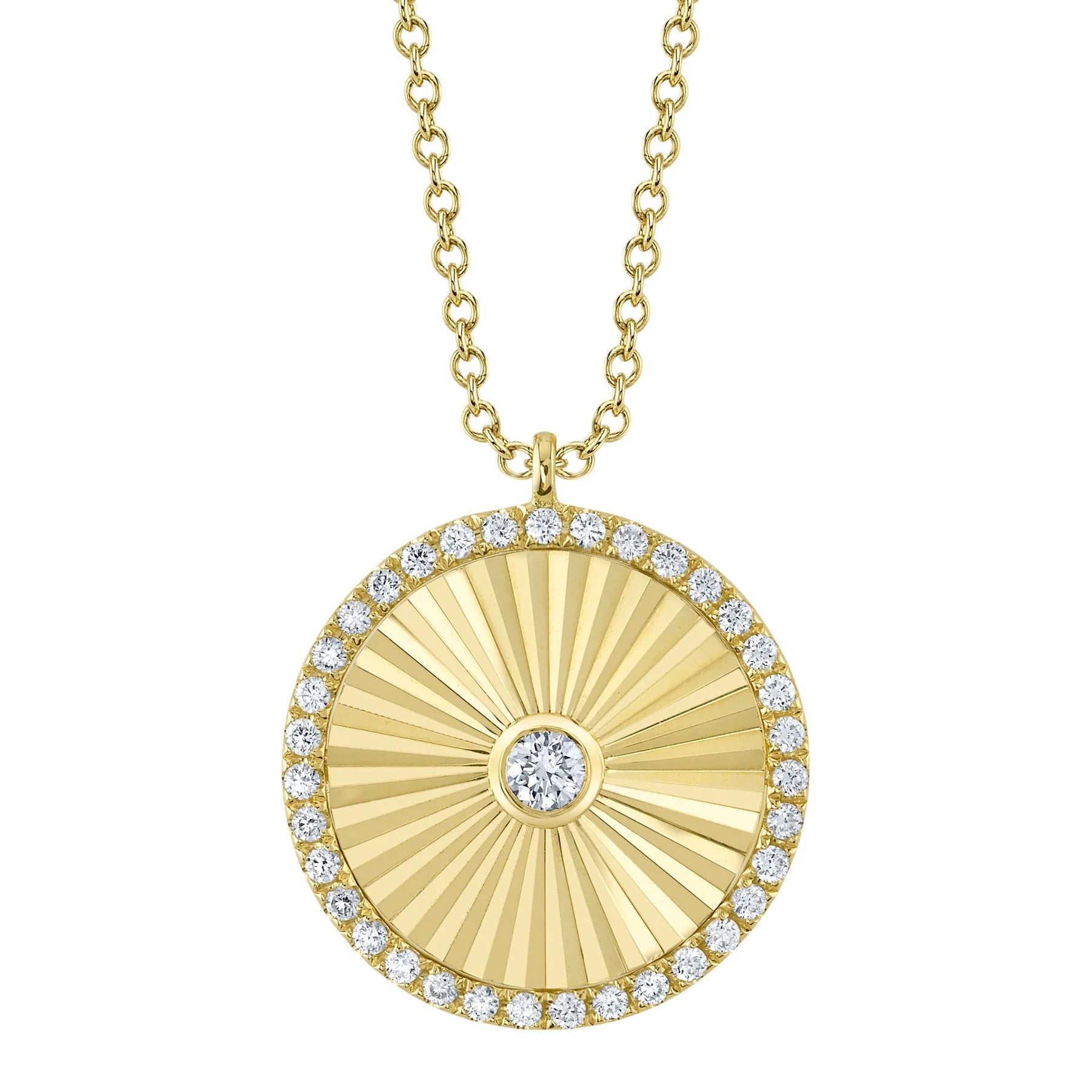 14K Yellow Gold Diamond Fluted Round Pendant Necklace - Queen May