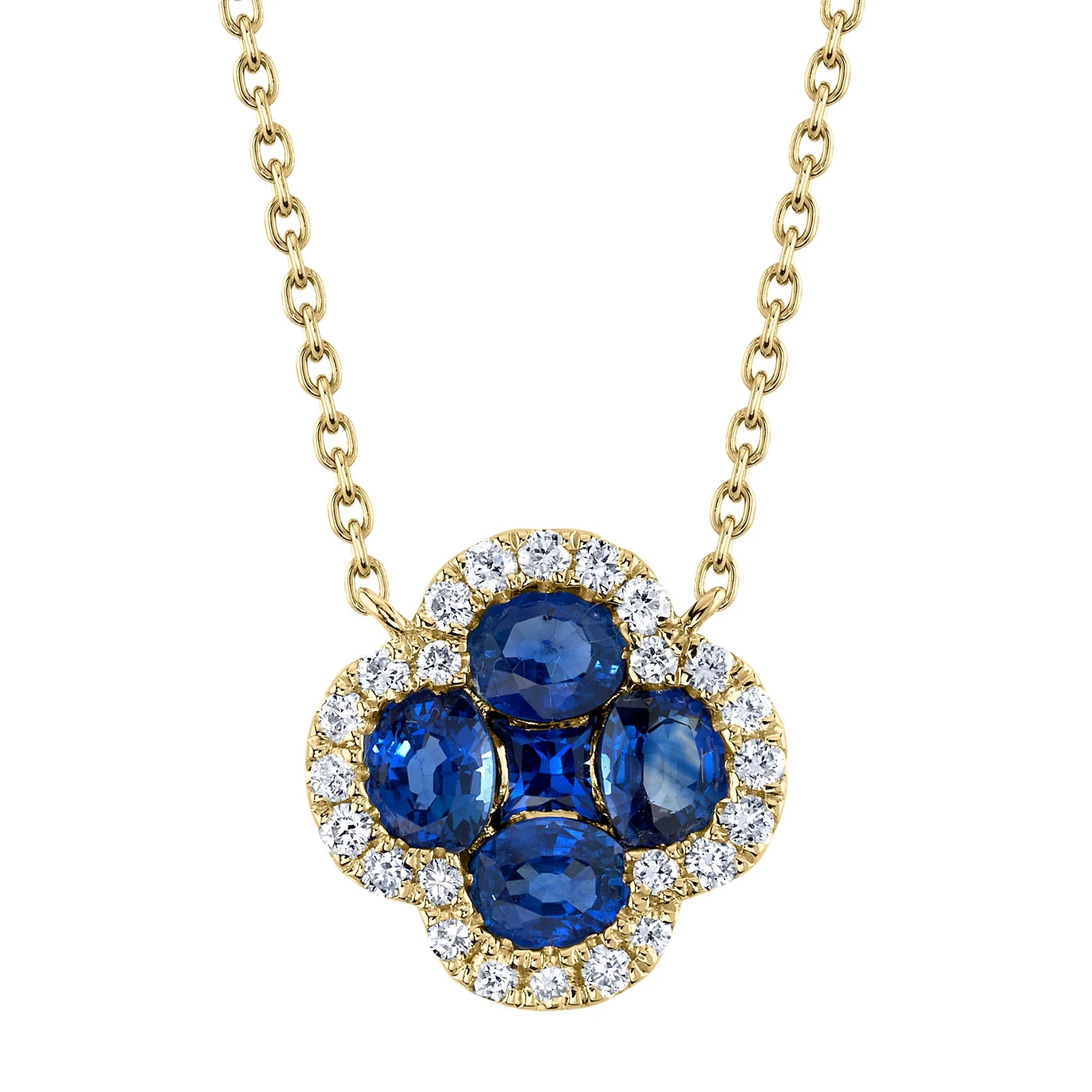 14K Gold Sapphire Diamond Clover Pendant Necklace - Queen May