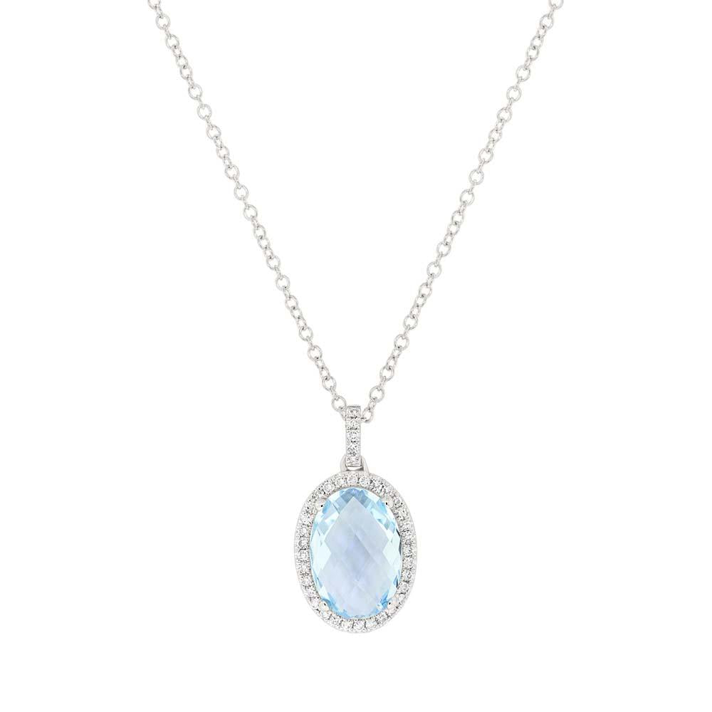 14K Gold 2.40 Carat Oval Blue Topaz Diamond Halo Pendant Necklace - Queen May