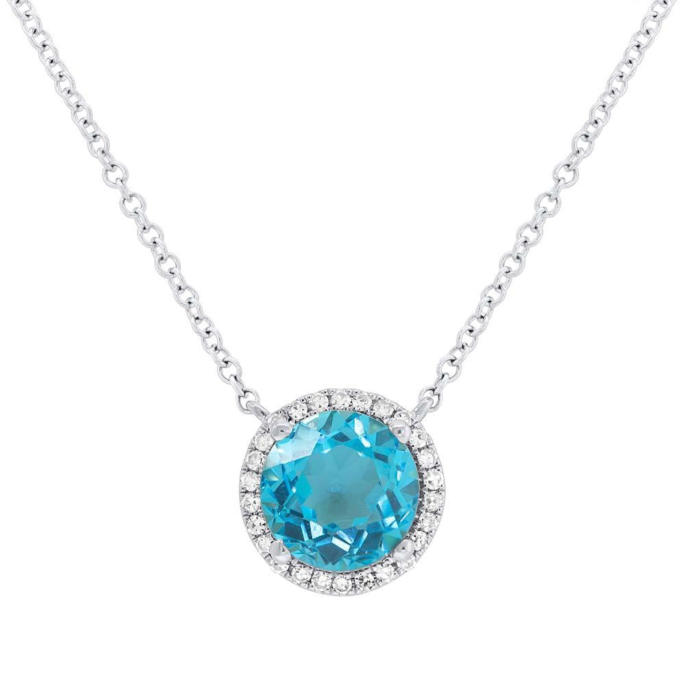 14K Gold 1.80 Carat Blue Topaz Diamond Halo Necklace - Queen May
