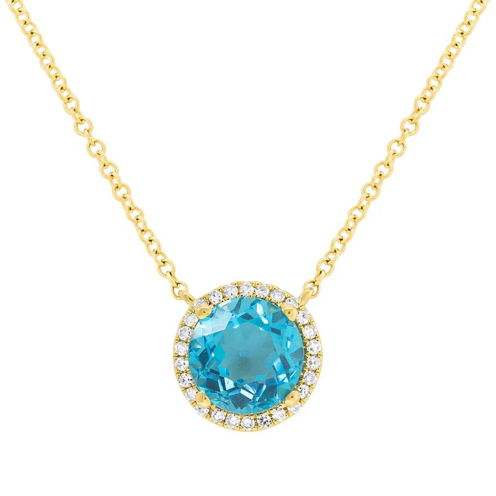 14K Gold 1.80 Carat Blue Topaz Diamond Halo Necklace - Queen May