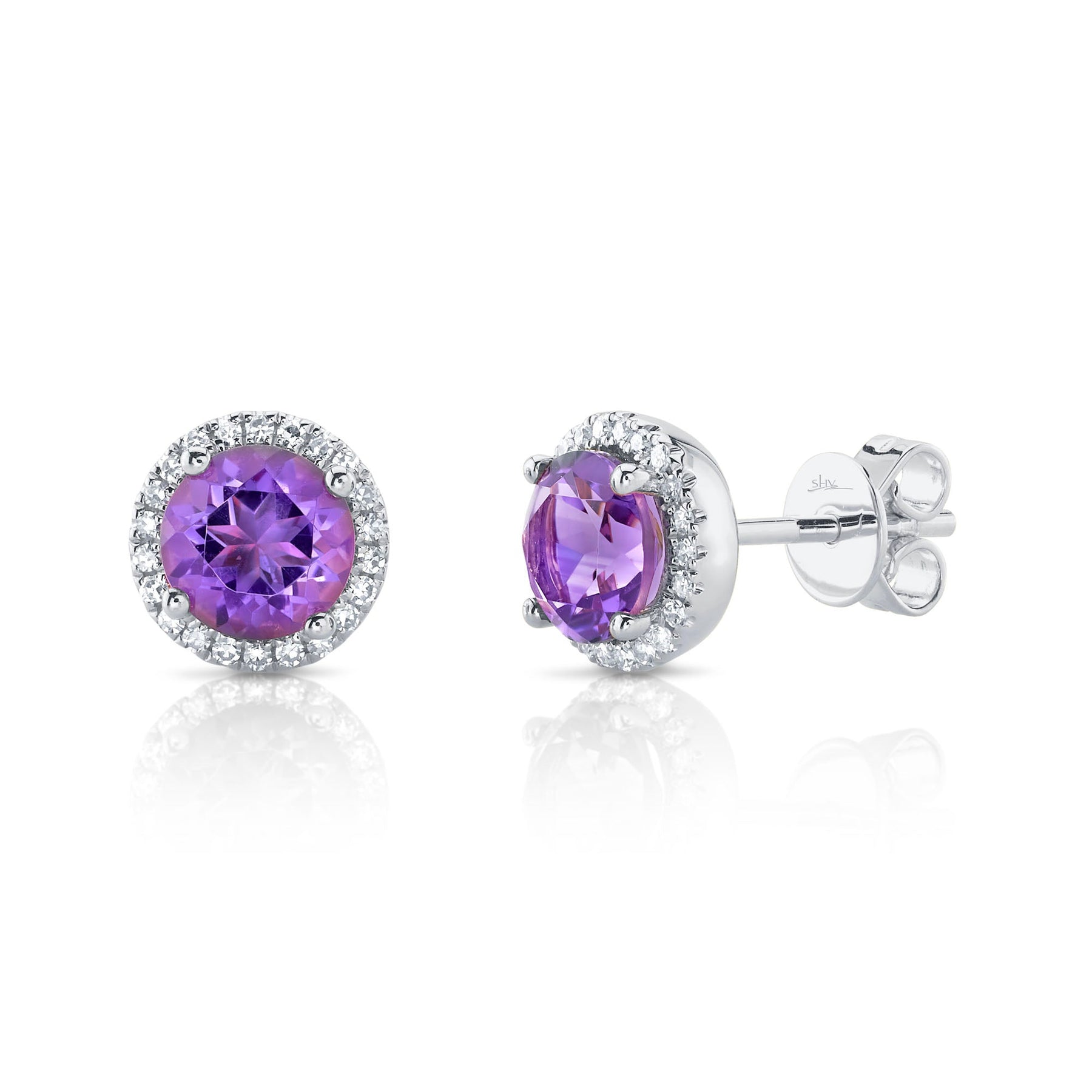14K Gold 1.61 Carat Amethyst Diamond Halo Stud Earrings