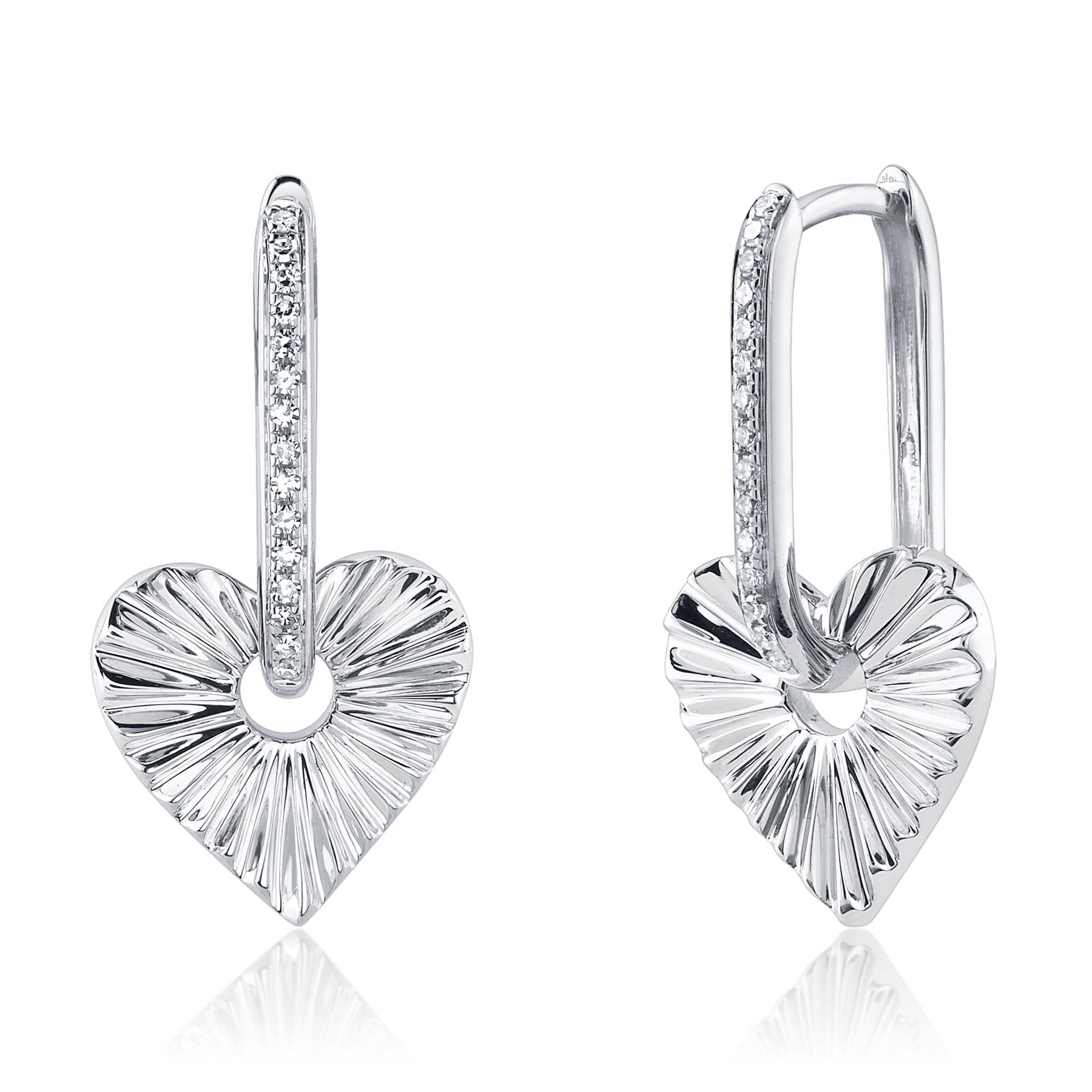 14K Gold Diamond Fluted Heart Drop Earrings - Queen May