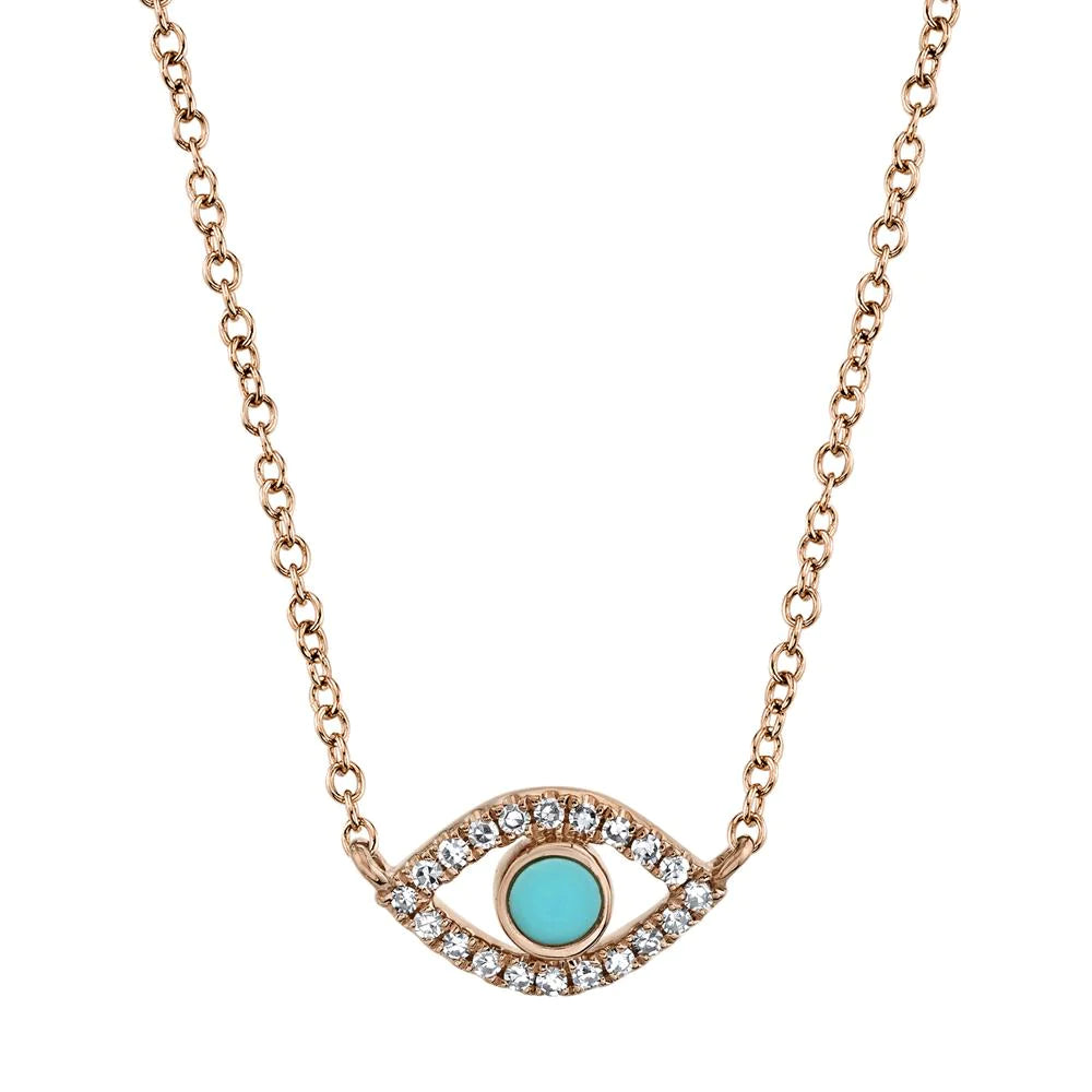 14K White, Yellow, or Rose Gold Turquoise & Diamond Evil Eye Pendant Necklace - Queen May