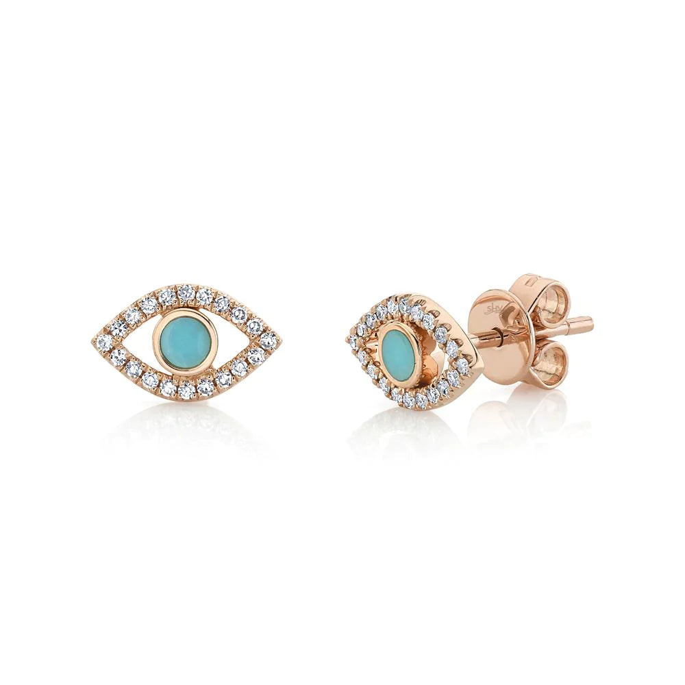 14K Gold Turquoise & Diamond Evil Eye Stud Earrings - Queen May