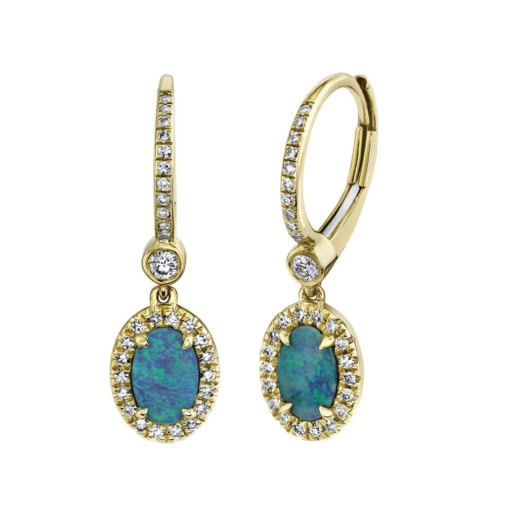 14K Yellow Gold 0.23 Carat Diamond and Opal Drop Earrings - Queen May