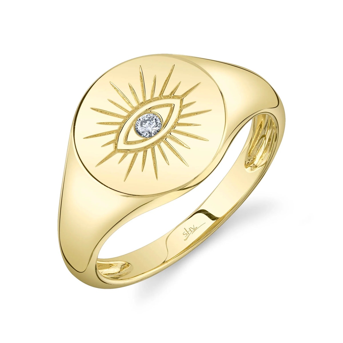14K Yellow Gold 0.03 Carat Diamond Eye Signet Ring - Queen May