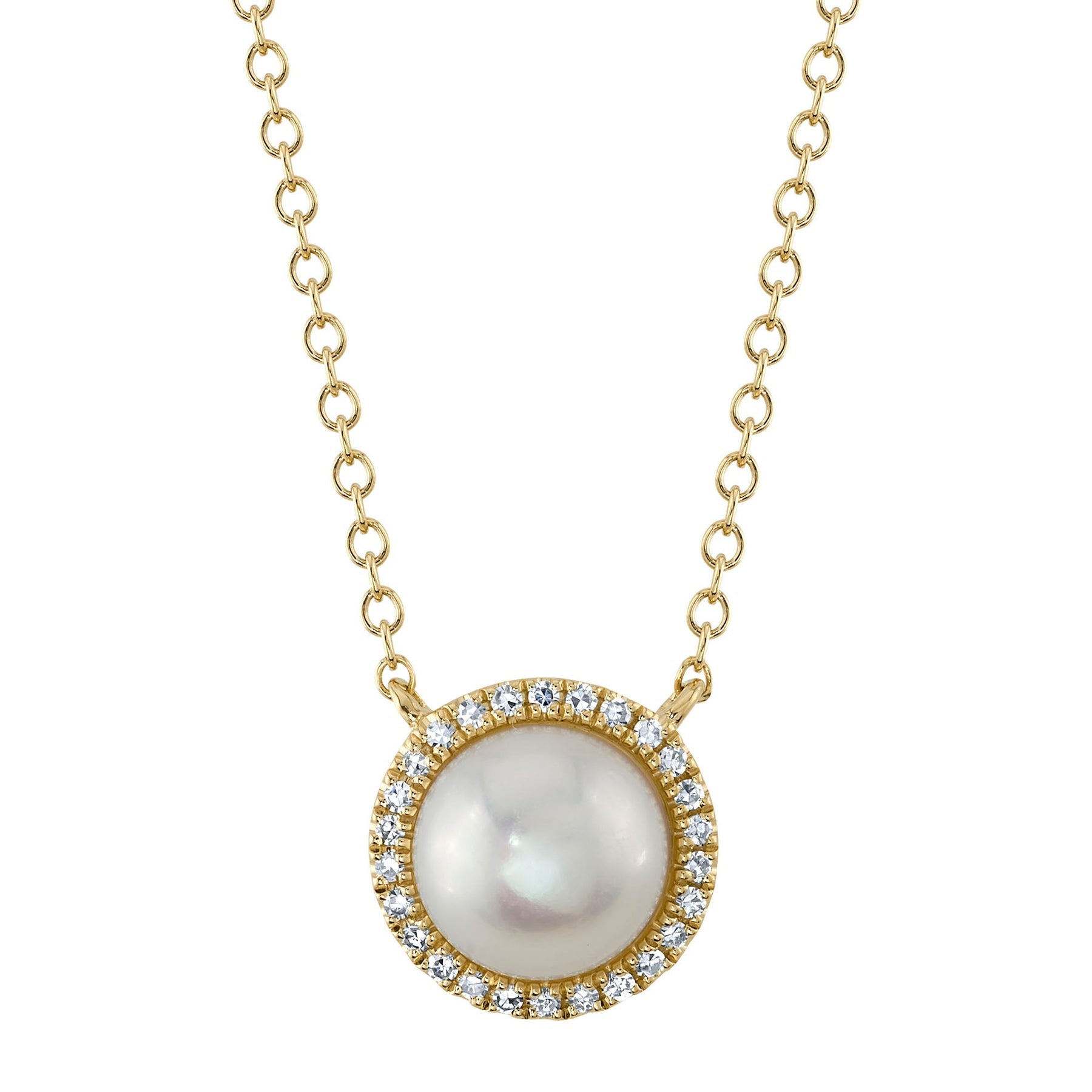 14K Gold Cultured Pearl Diamond Halo Pendant Necklace - Queen May