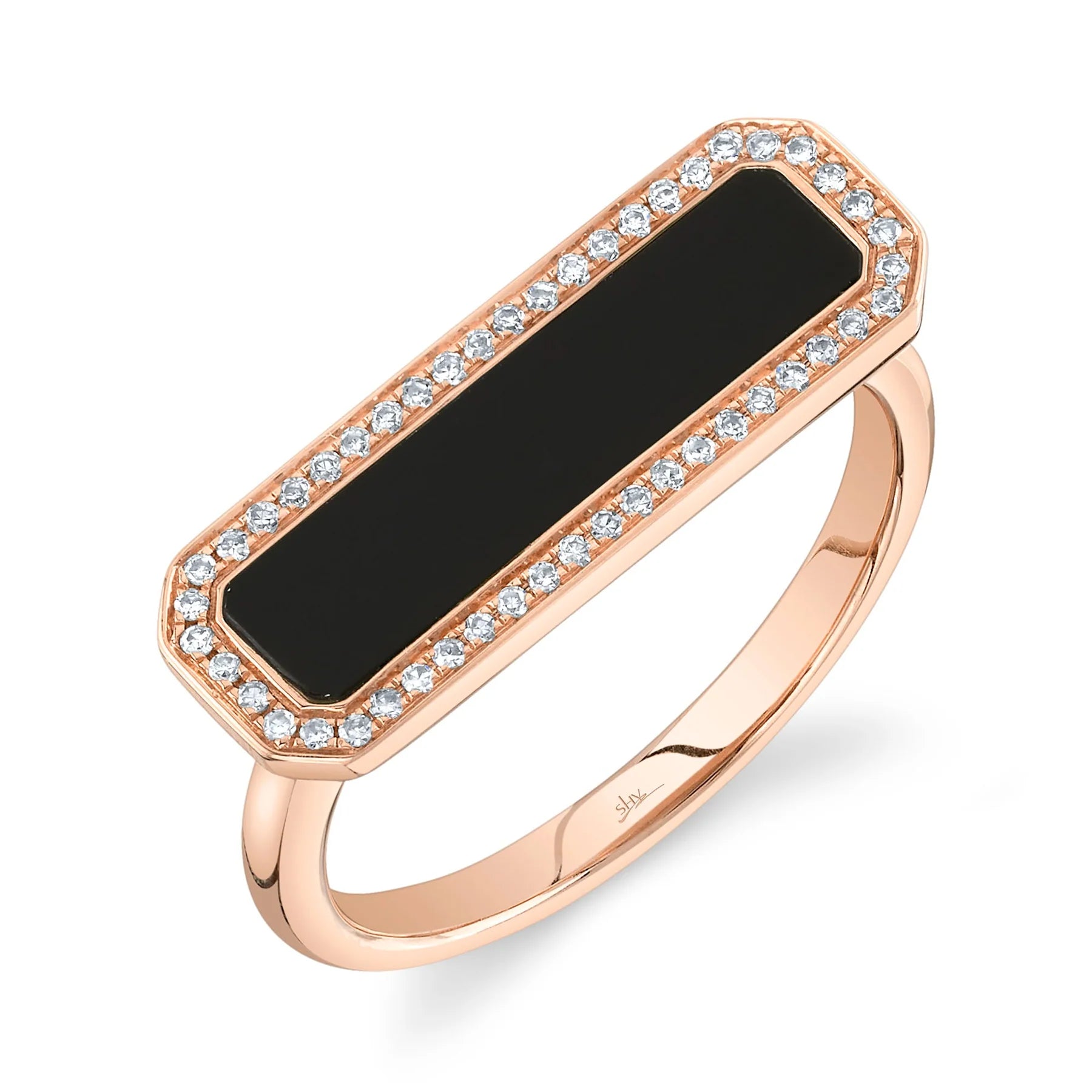 14K Rose Gold Onyx Diamond Bar Ring - Queen May