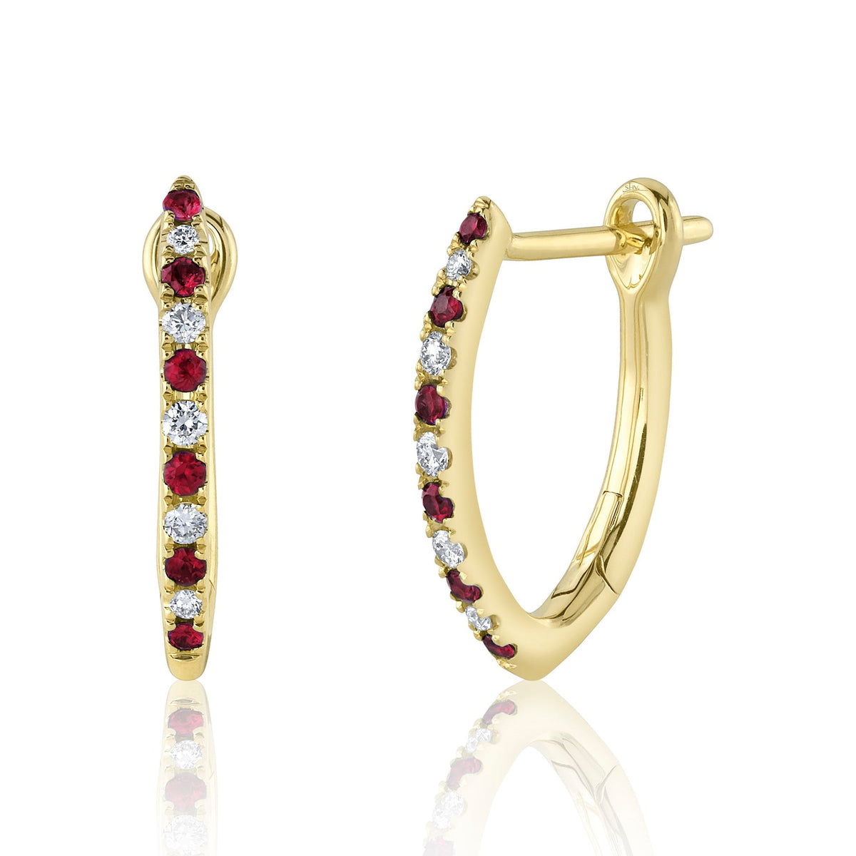 14K Yellow Gold Ruby Diamond Hoop Earrings - Queen May
