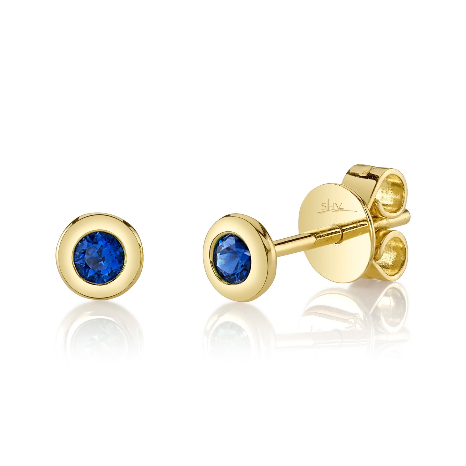 14K Gold 0.14 Carat Round Sapphire Bezel Stud Earrings - Queen May