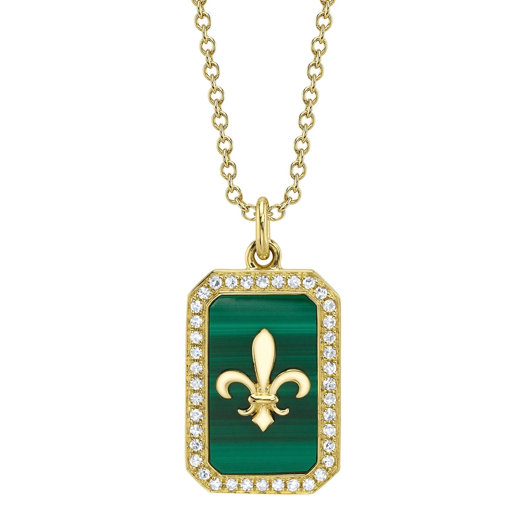 14K Yellow Gold Diamond Malachite Fleur De Lis Pendant Necklace - Queen May
