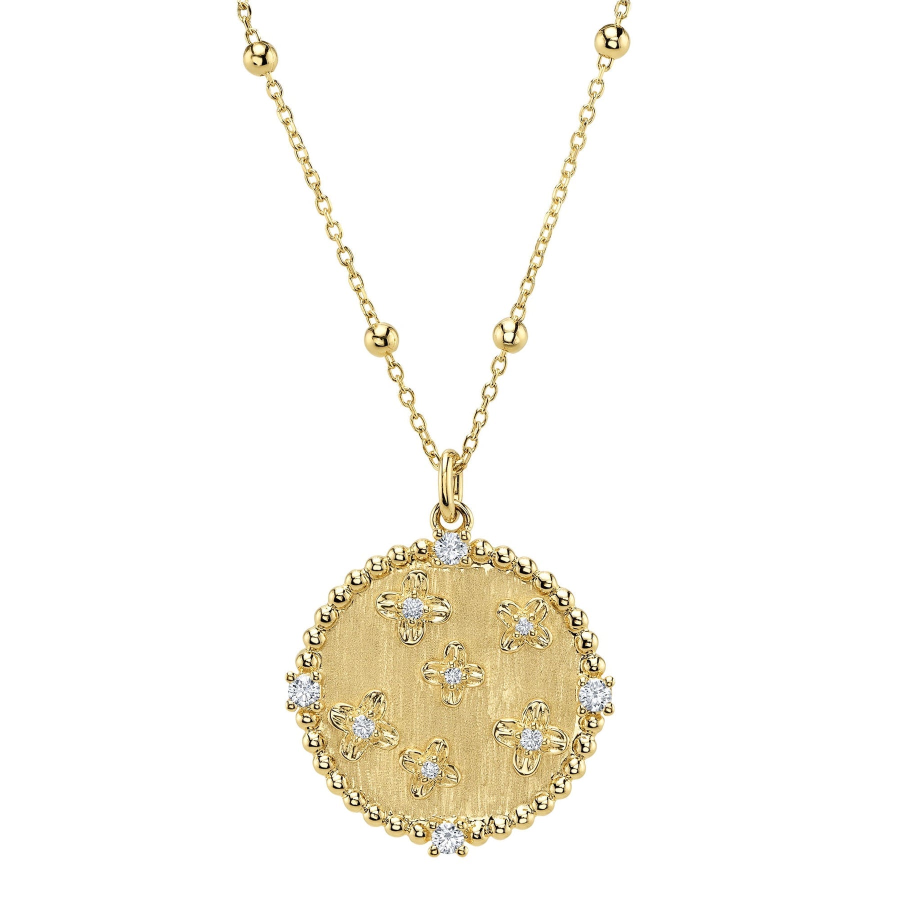 14K Yellow Gold 0.13 Carat Diamond Flower Medallion Necklace