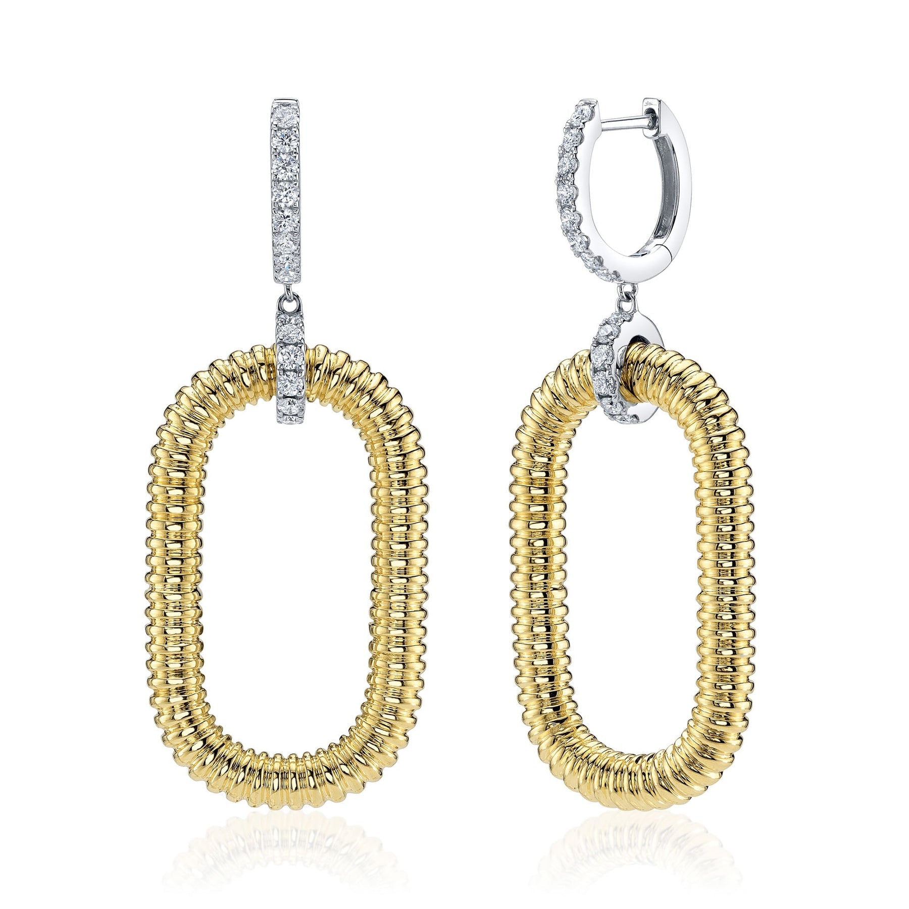 14K Gold Two Tone 0.63 Carat Diamond Ribbed Open Hoop Drop Earring - Queen May