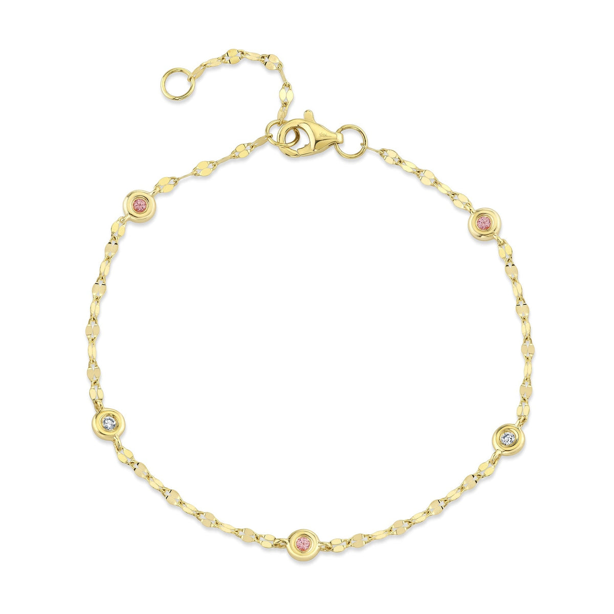 14K Yellow Gold Pink Sapphire Diamond Bezel Station Tinsel Birthstone Bracelet
