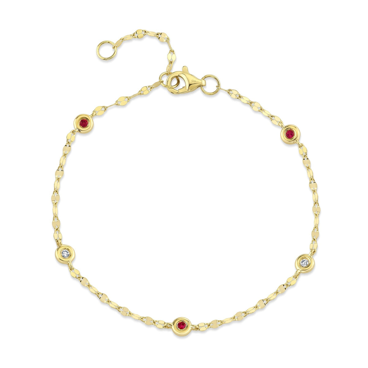 14K Yellow Gold Ruby Diamond Bezel Station Tinsel Birthstone Bracelet