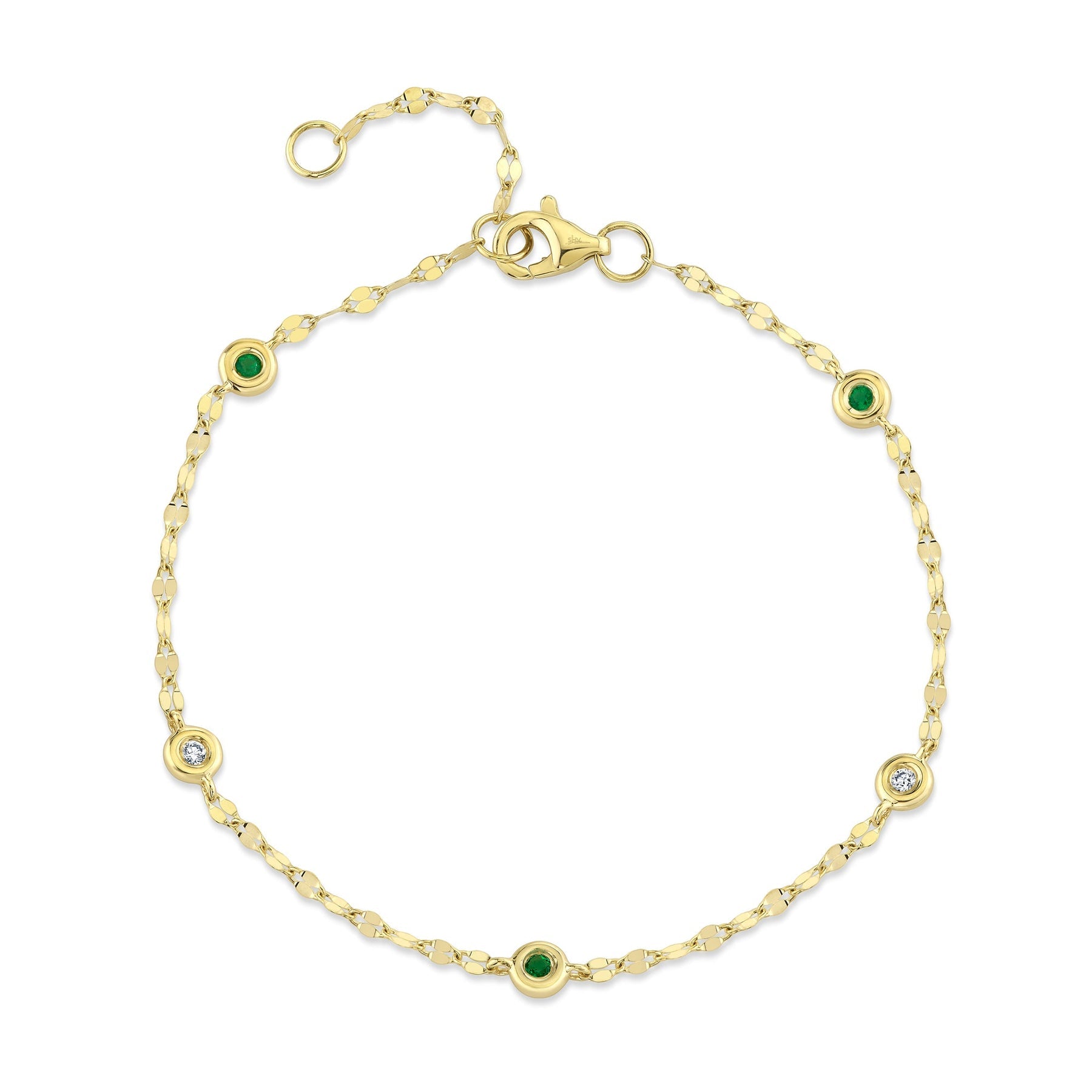 14K Yellow Gold Emerald Diamond Bezel Station Tinsel Birthstone Bracelet
