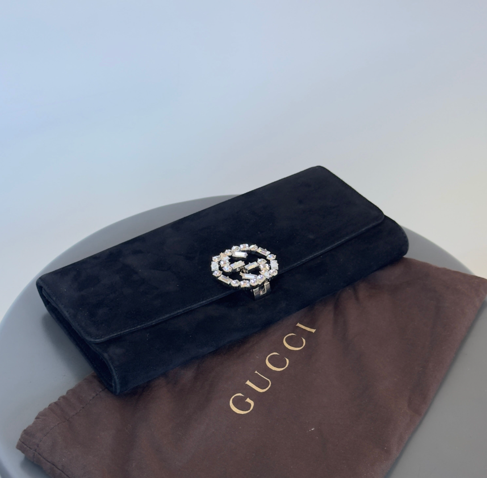 Gucci Vintage GG Logo Clutch Suede Rhinestone - Queen May