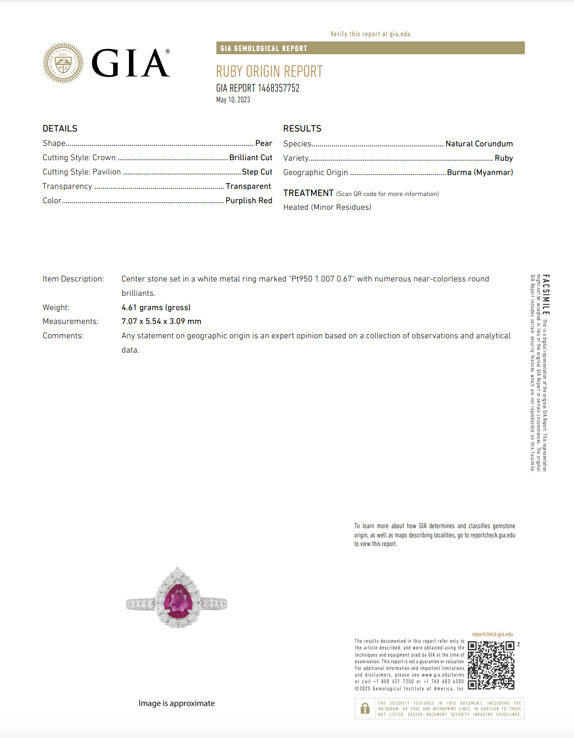 Platinum 1 Carat Pear Burma Ruby Diamond Halo Ring - Queen May