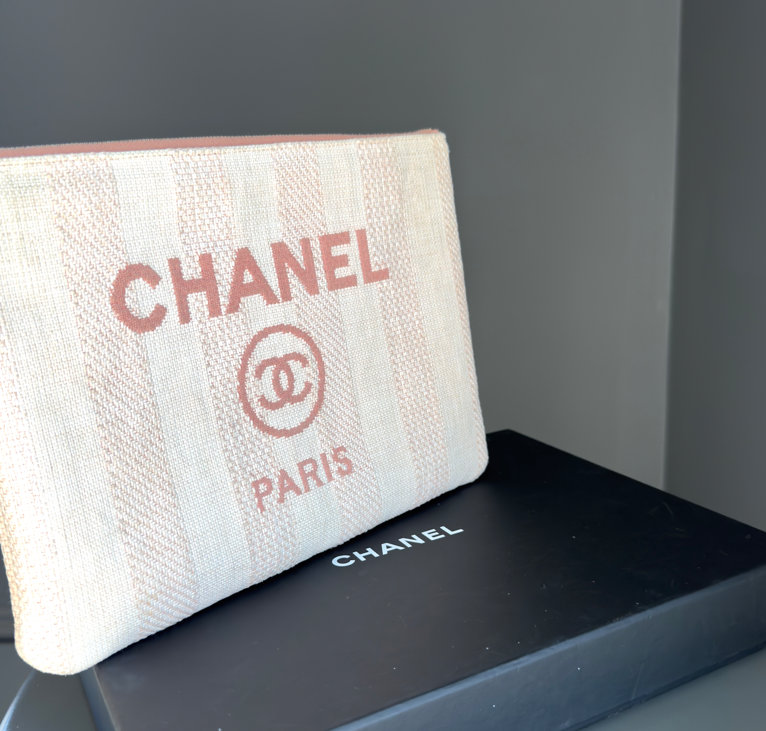 Chanel Deauville O-Case Clutch Striped Pink - Queen May