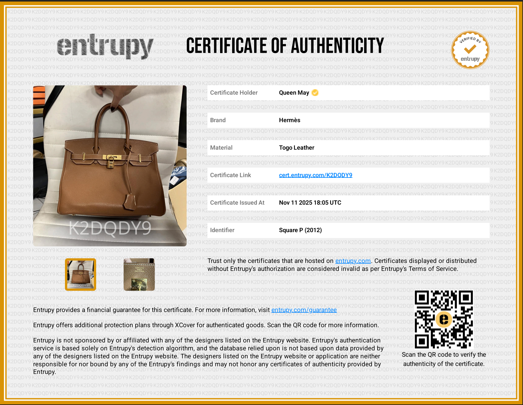 Hermes Birkin 30 Square P 2012 Togo Gold / Gold - Queen May