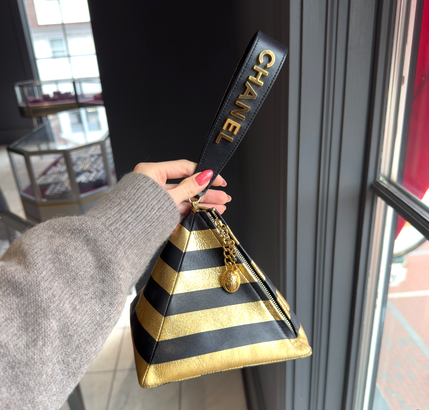Chanel Gold and Black Metallic Metliers Kheops Pyramid Wristlet Bag - Queen May