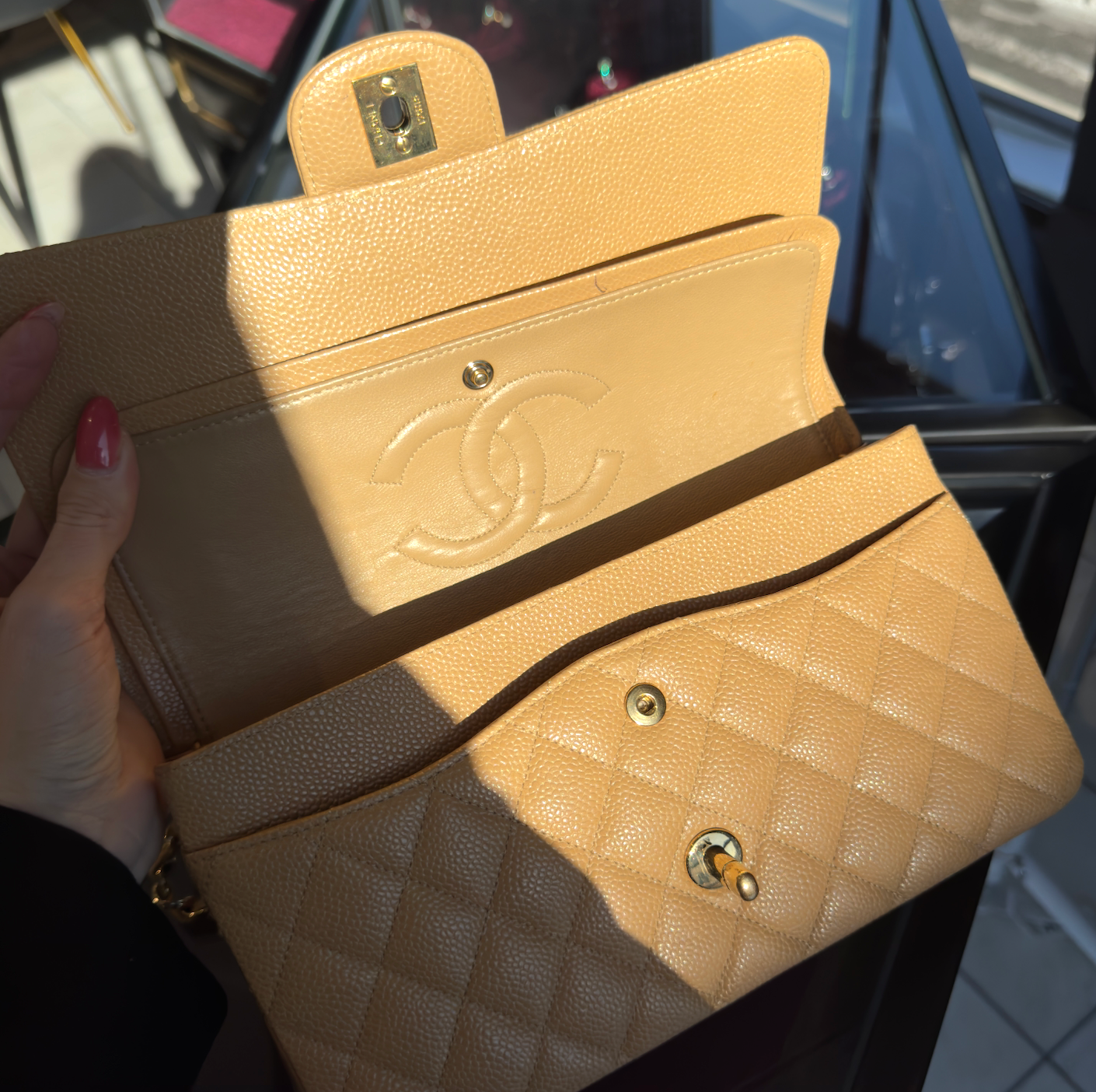 Chanel Vintage Camel Beige Quilted Caviar Medium Double Flap Gold Hardware 2005-2006 - Queen May