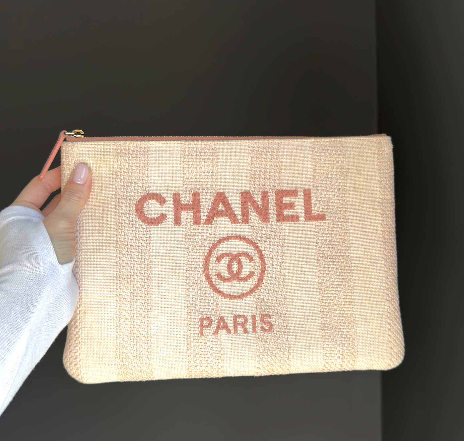 Chanel Deauville O-Case Clutch Striped Pink - Queen May