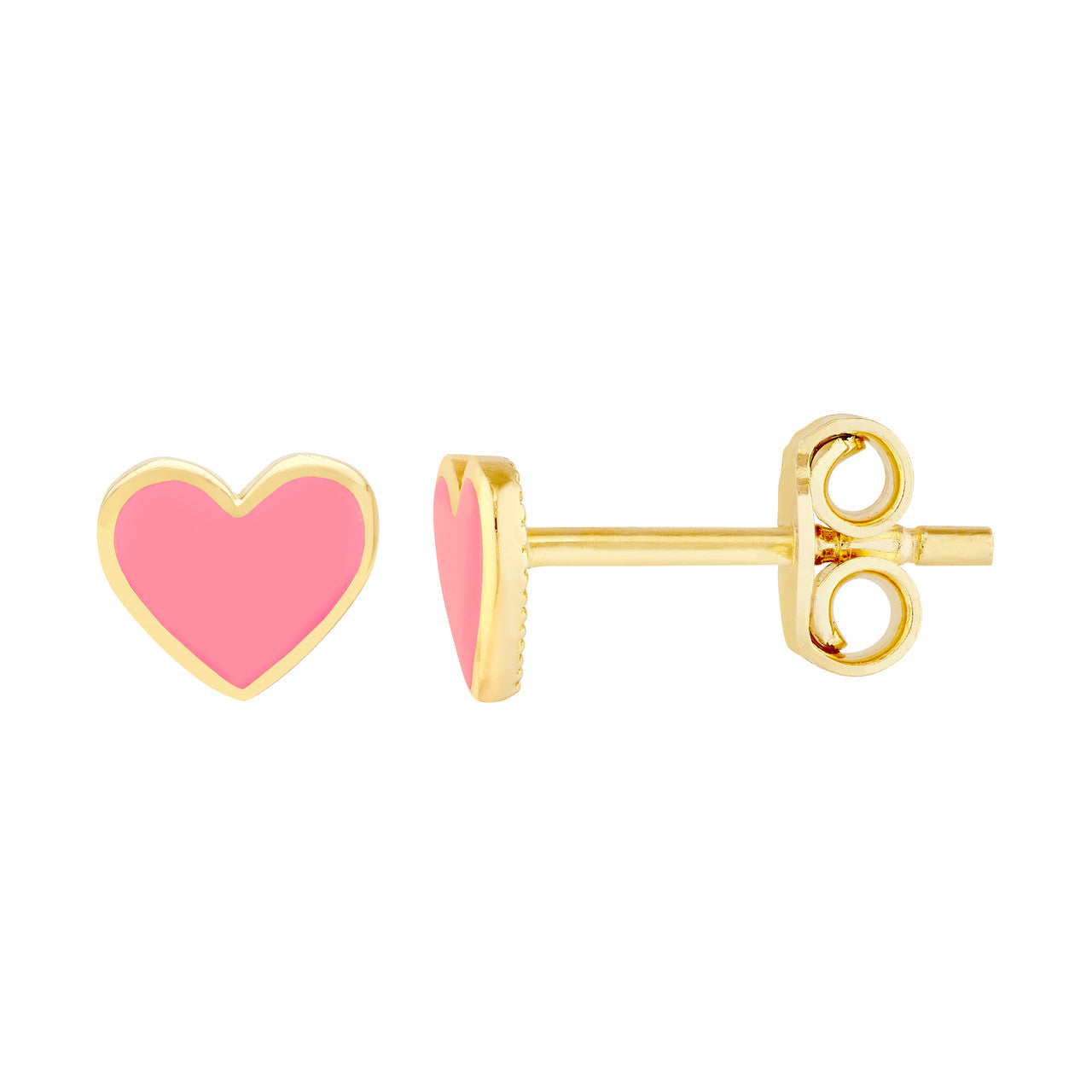 14K Yellow Gold Pink Enamel Heart Baby Stud Earrings - Queen May
