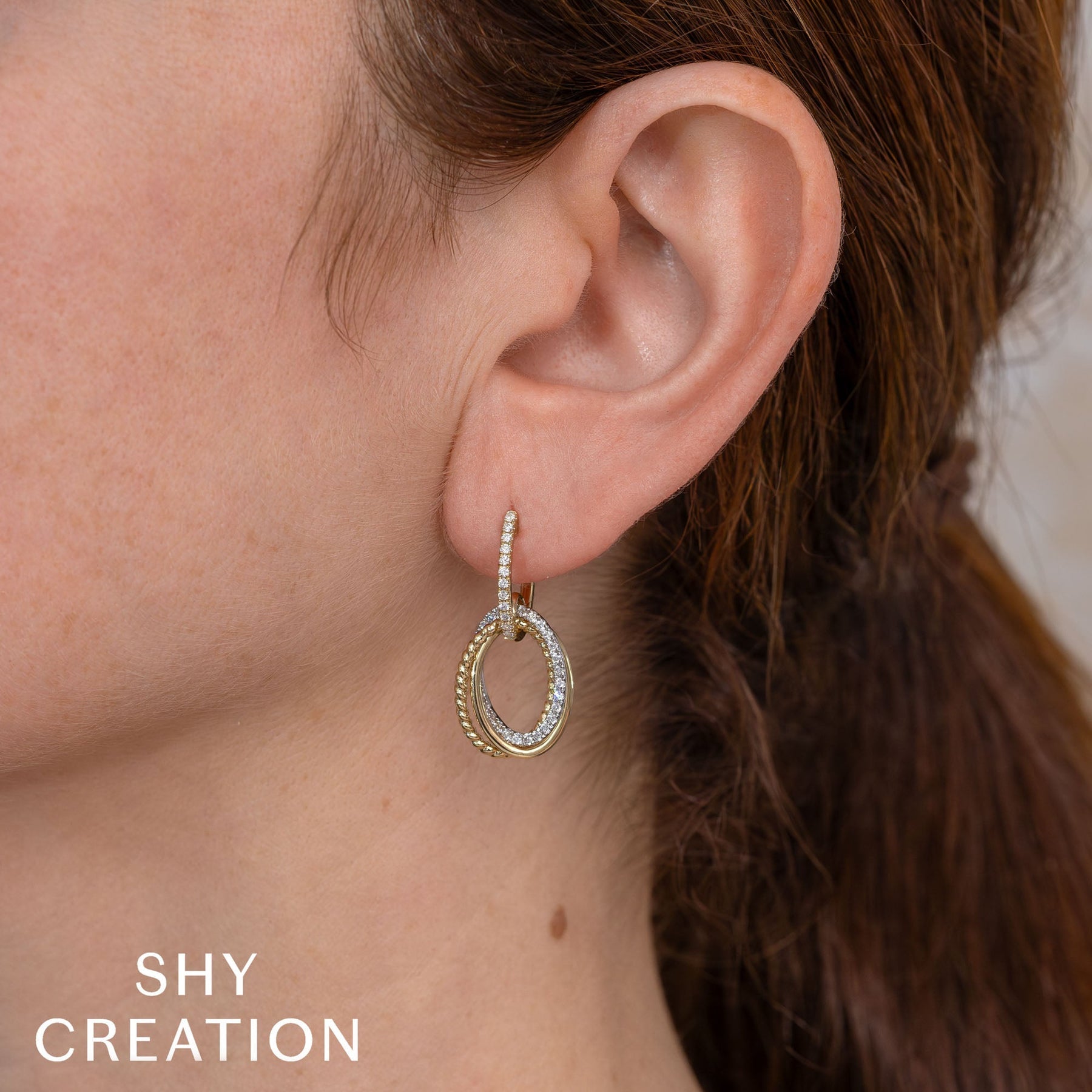 14K Gold Two Tone Diamond Oval Interlocking Drop Earrings - Queen May