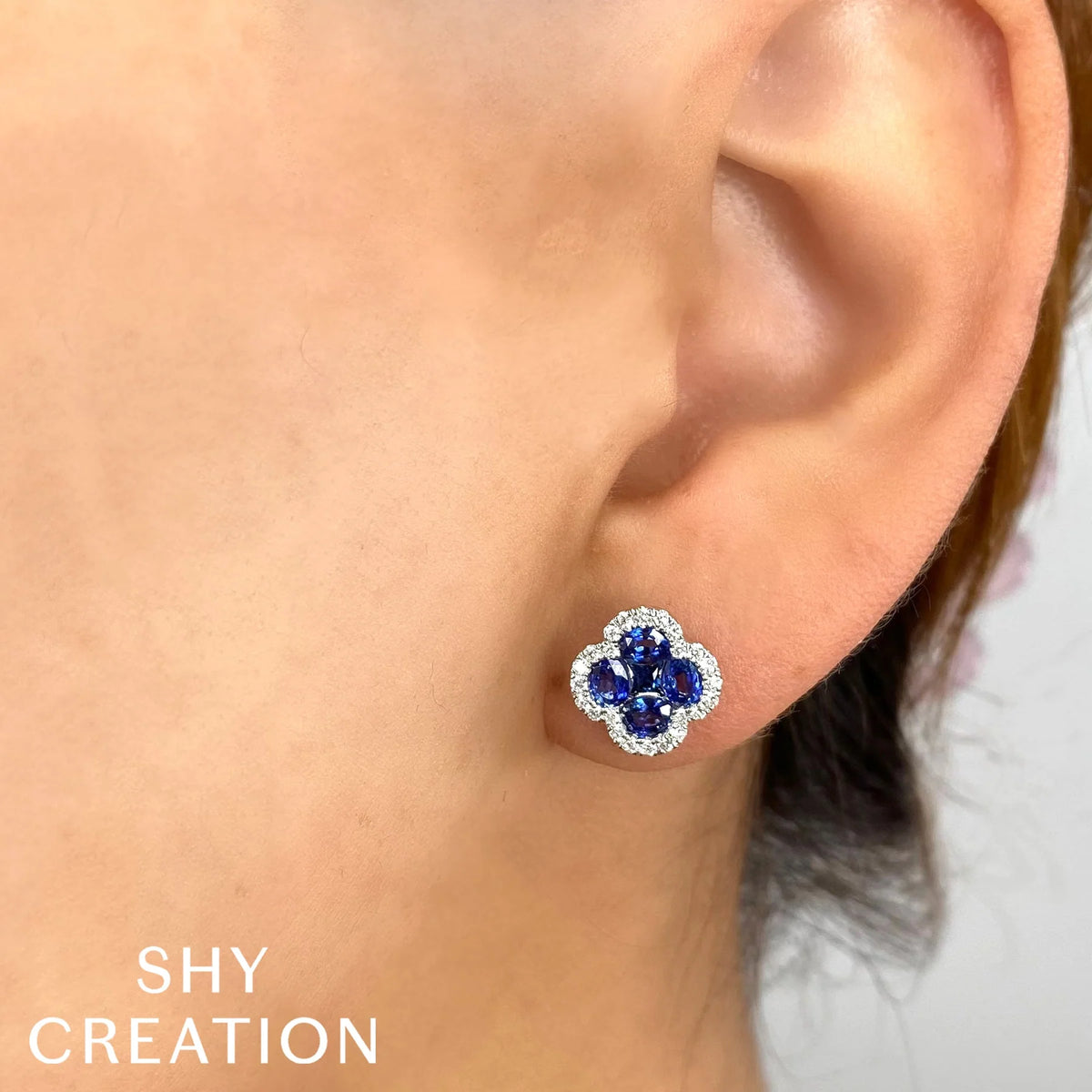 14K White Gold Sapphire Diamond Clover Stud Earrings - Queen May